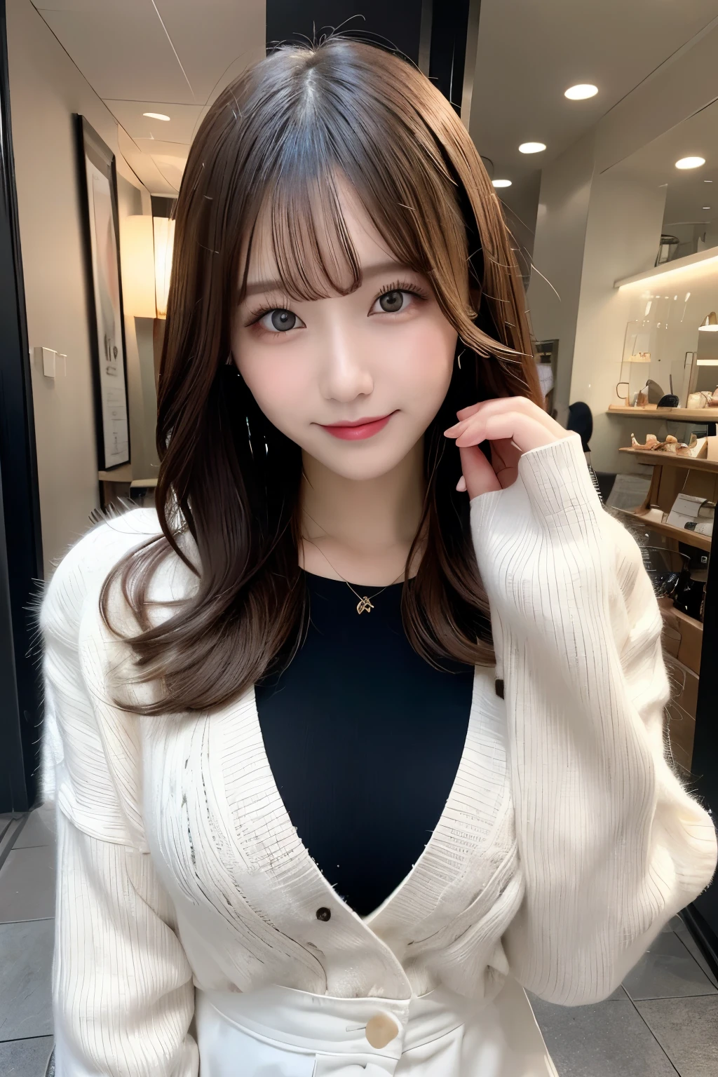 table top, highest quality, shape, Super detailed, finely, High resolution, 8k wallpaper, 完璧なダイナミックな構shape, beautiful and detailed eyes,medium hair,small breasts,natural color lip, bold sexy pose,smile,Harajuku、25 year old girl、cute、sexy shot looking at camera,Change costume randomly(trendy women'Winter clothes)