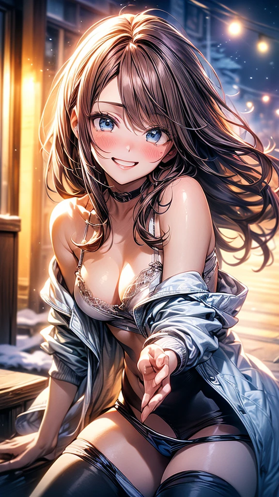 ((masterpiece, highest quality, High resolution, 超High resolution, pixel perfect, Depth of the bounds written, 4k, RTX, human development report))), 1 girl, single, alone, beauty、see the whole body、 ((long hair, short riuhai, reddish brown hair)), ((blue eyes, beautiful eyelashes, realistic eyes)), ((detailed face, blush:1.2)), ((smooth texture:0.75, lively质感:0.65, lively:1.1, Anime CG style)), medium breasts, perfect body, (( 日式寬鬆浴衣 bare shoulders ,black tights)), smile, attractive way to sit, brew tea in a teapot, (The wind blows hair,bare shoulders、expose her breasts、black tights) , It snows heavily at night、(((show panty:1.3)))、M spread legs:1.8