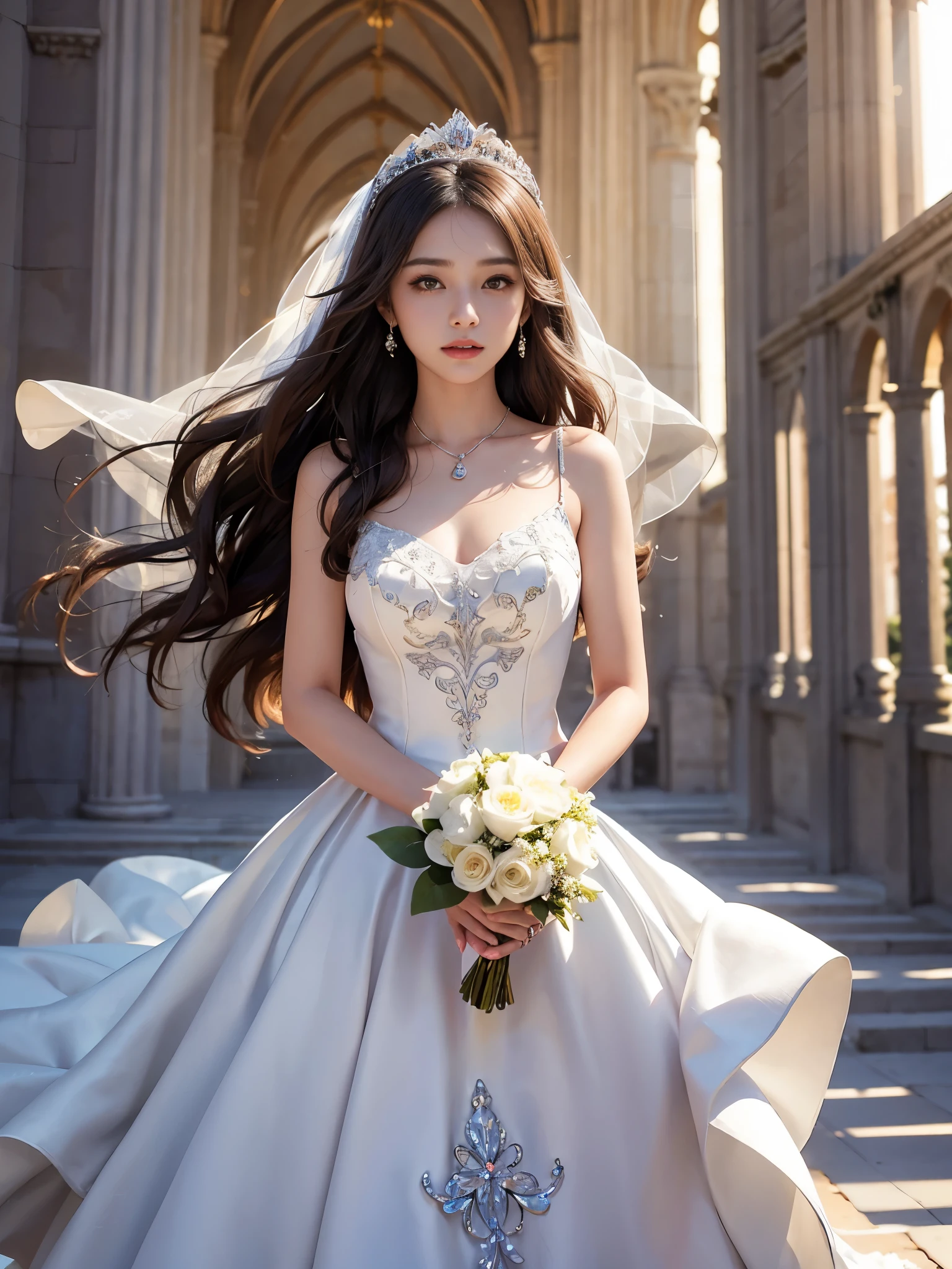 best quality, masterpiece, 1 girl, yak, cute teen, shiny lips, sweet, sun glare, Conservative attire, wedding dress, bridal tiara, depth of field, blurred background, Cathedral Background, light particles, strong wind, head tilt, long hair,