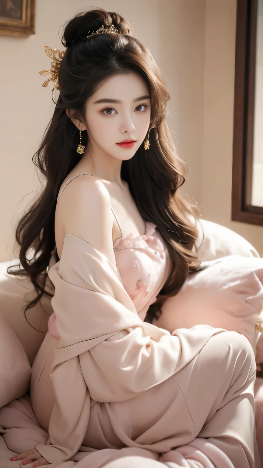 (((best quality))),(((ultra detailed))),(((masterpiece))),illustration,1girl,long hair,pink lace sleep dress,dim light,ethereal glow,flowing hair,sparkling eyes,slightly parted lips,excitement,feminine ambiance,elegant furniture,floral patterns,satin sheet,gazing into distance,anticipation,wonder,dark night,cozy room,serenity,tranquility,beauty,mystery,emotion,dreams,wonder