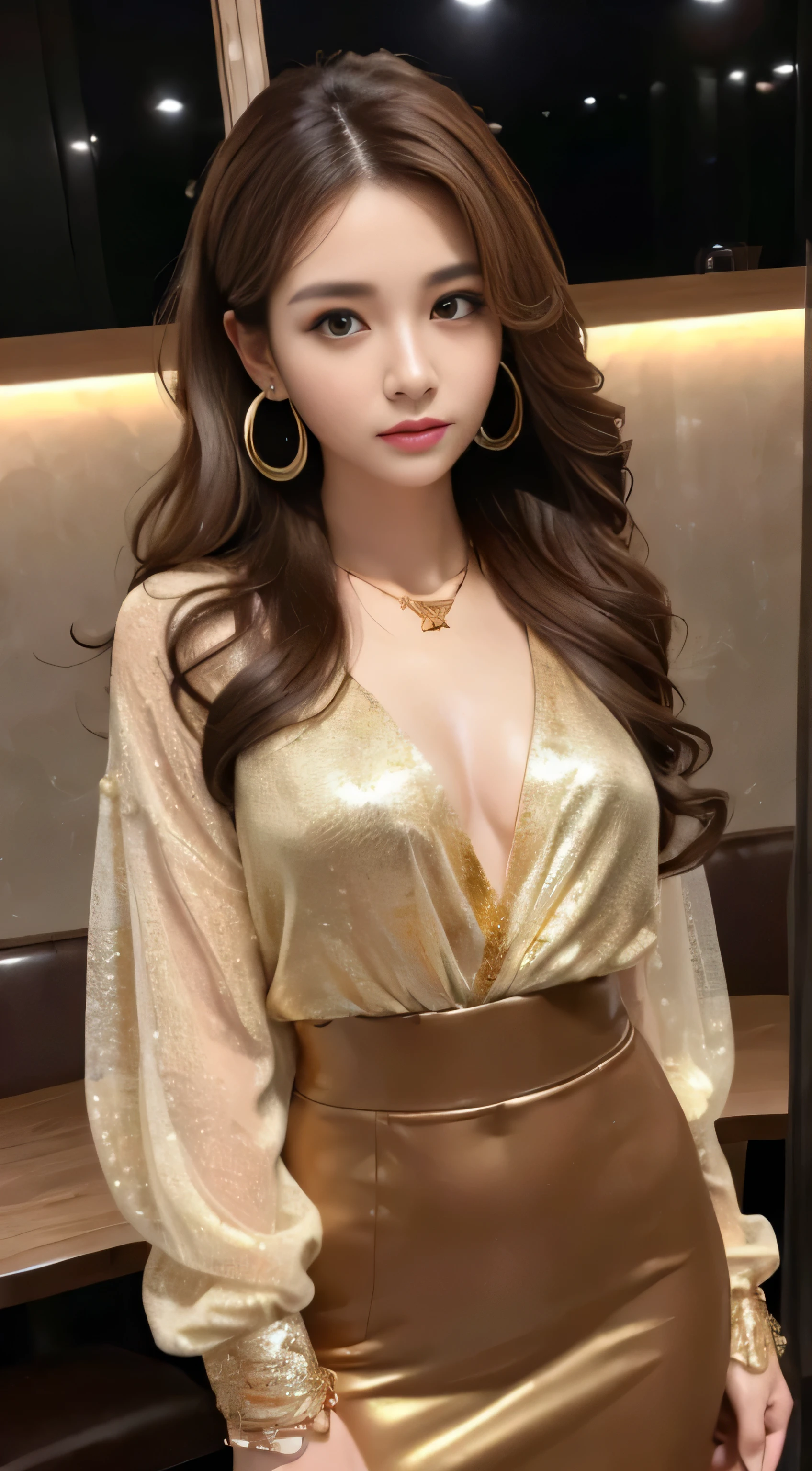 masterpiece, highest quality, realistic, Super detailed, small details, High resolution, 8k wallpaper, 1 beautiful woman, wear casual business wear, in a great restaurant, At night, light brown messy hair, perfect dynamic composition, beautiful and detailed eyes,((Hair with loose waves inside:1.2)),((gold necklace＿Large earrings:1.2)),((Super long brown hair:1.2))、fullbody shot、((full figure supermodel standing, entire body in frame))、((Angle from directly above:1.1)),