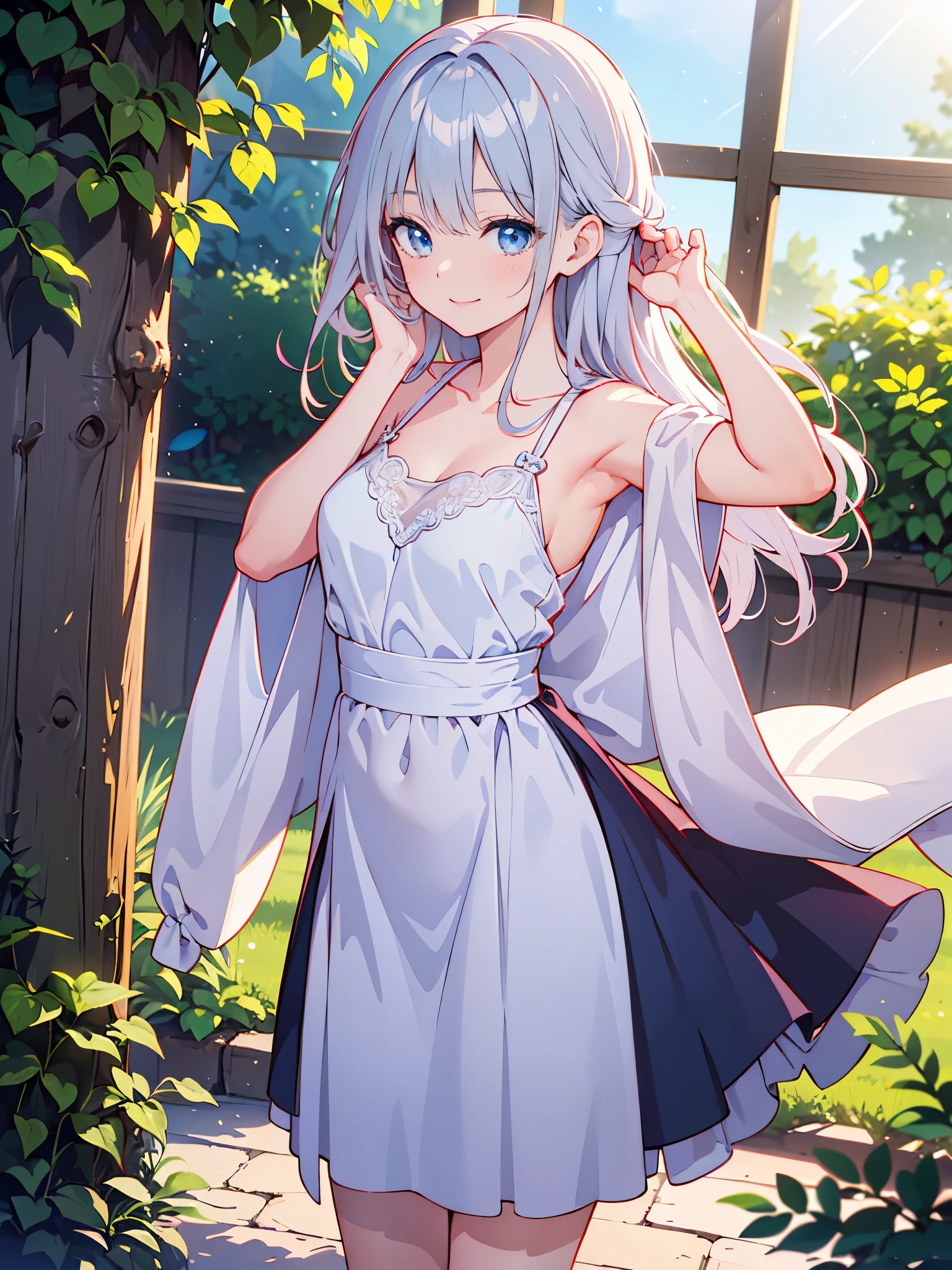 (evening:1.2), RAW Photography, 1 Girl, Sexy 25 Year Old Girl, (silver long hair, deep blue eyes, medium breasts, fit, athletic, muscular abdomen:1.1), (standing, wearing loose medieval dress with silver accents, wind sweeping hair, blushing, happy smile, looking up at viewer, leaning forward, adjusting hair behind ear, innocent smile), (facing viewer, sunlight, medieval garden:1.2), (Masterpiece, Best Quality, Ultra Detail, Cinematic Lights, Intricate Detail, High Definition, 8k, UHD, DSLR, soft lighting, high quality, film grain, fujifilm XT3, shallow depth of field, natural light, perfect face, Very Detailed, Very Beautiful whole body shot, whole body shot:1.2)