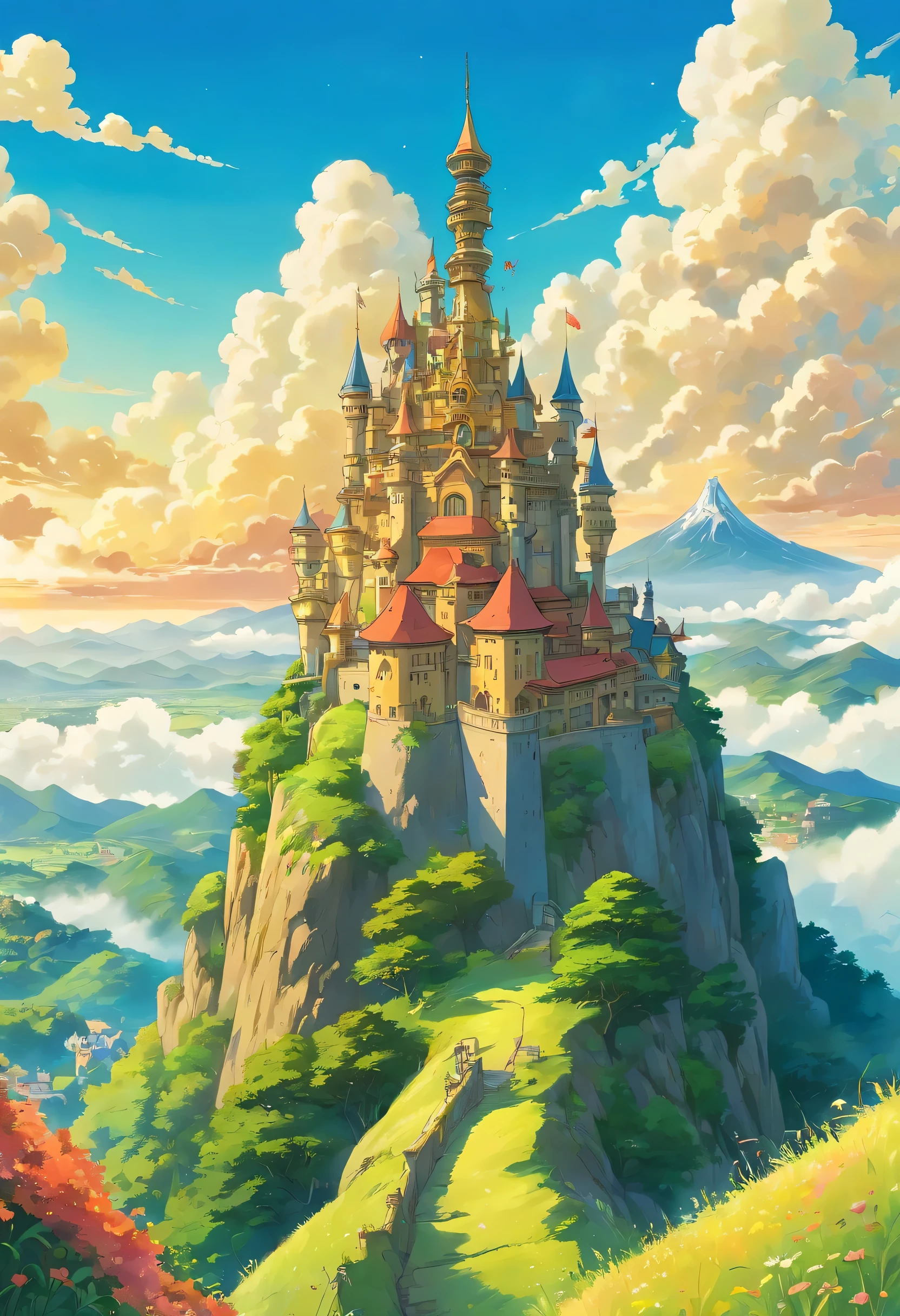 Golden castle on mountain, grass fields, cloud, heaven