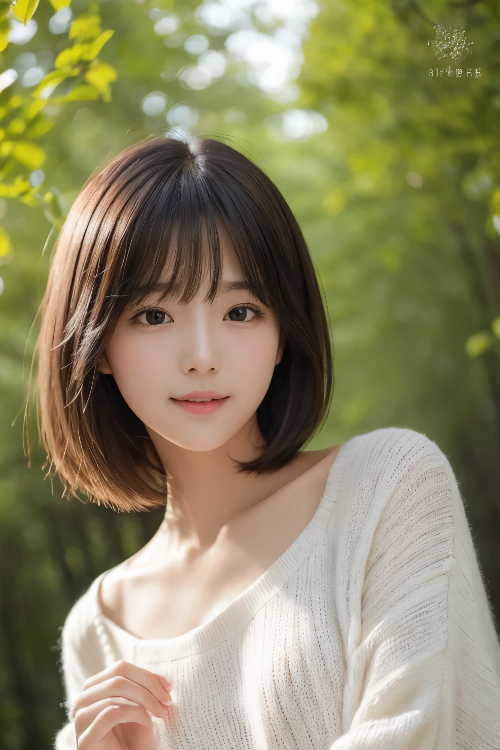 1 girl、Upper body、close up、laughter、、(8K、original photo、best quality、masterpiece:1.2)、(actual、photo actual:1.37)、Exquisite and delicate face、japanese student、Wearing a long white sweater、(((Best image quality))),small、delicate skin, (beautiful hair), (Perfect Anatomy), (actual), (Dynamic angle), Seductive pose,Perfect,Sensual appearance、best quality、High resolution、fluffy shorthair cat、The background is a forest、