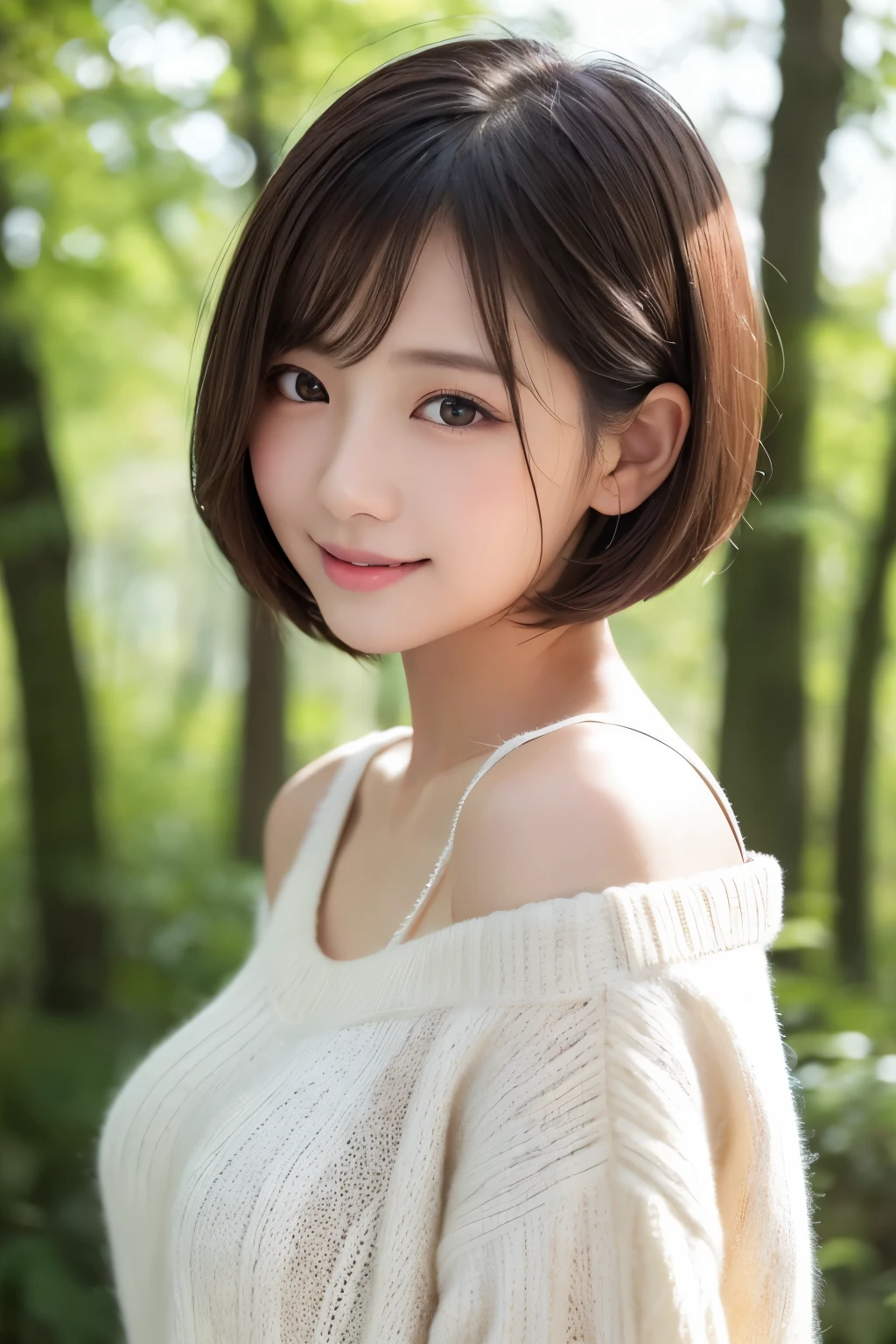 1 girl、Upper body、close up、laughter、、(8K、original photo、best quality、masterpiece:1.2)、(actual、photo actual:1.37)、Exquisite and delicate face、japanese student、Wearing a long white sweater、(((Best image quality))),small、delicate skin, (beautiful hair), (Perfect Anatomy), (actual), (Dynamic angle), Seductive pose,Perfect,Sensual appearance、best quality、High resolution、fluffy shorthair cat、The background is a forest、