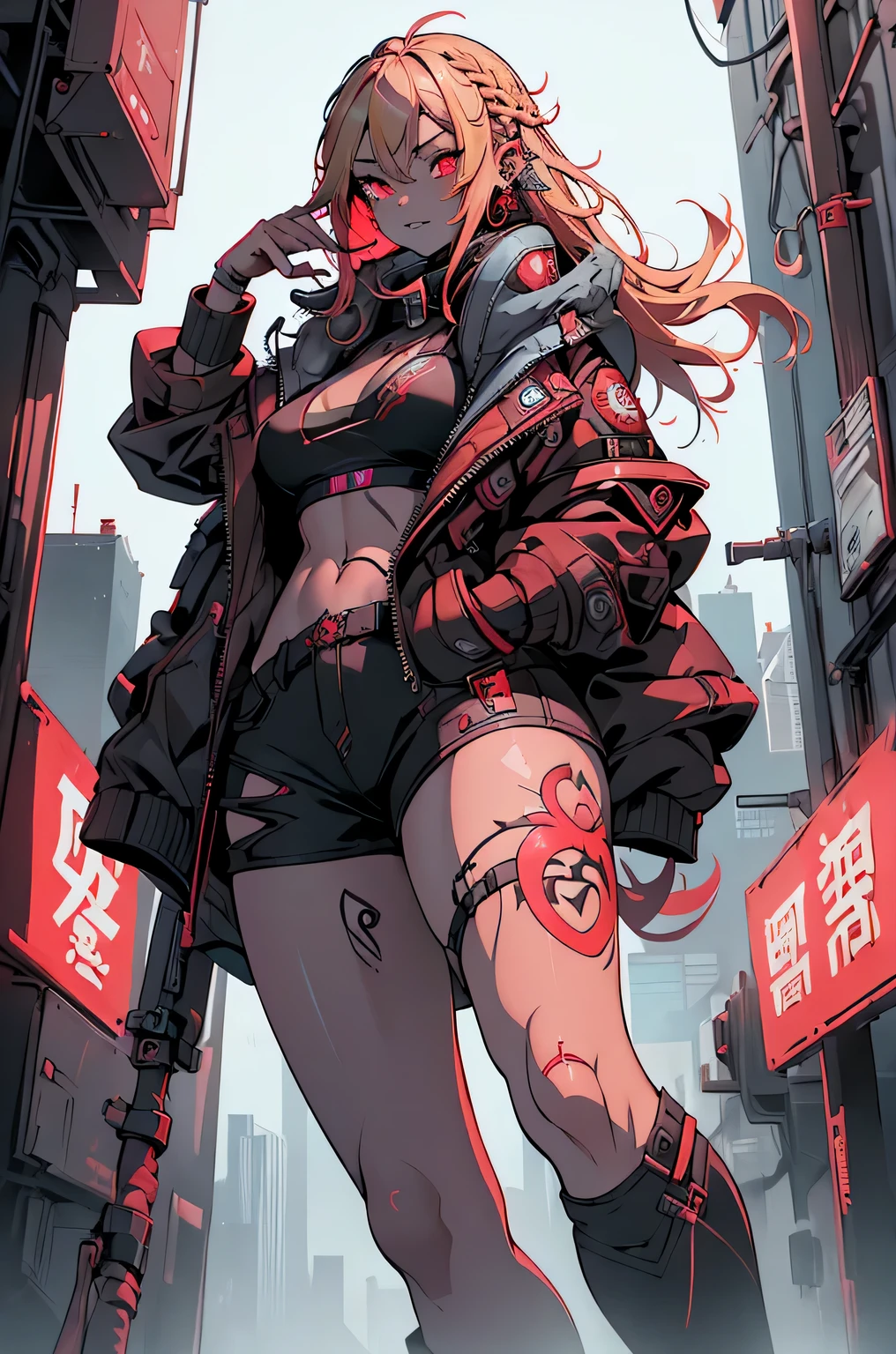 1girl, rebecca \(cyberpunk\), full body, solo, blonde braid hair, glowing red eyes,laugh fearlessly, leg tattoo, neck tattoo,  large chest, black bra, thong, red pupils, skin fang, red eyes, black jacket, carry a big hammer on your shoulder、dynamic angle、dynamic pose、