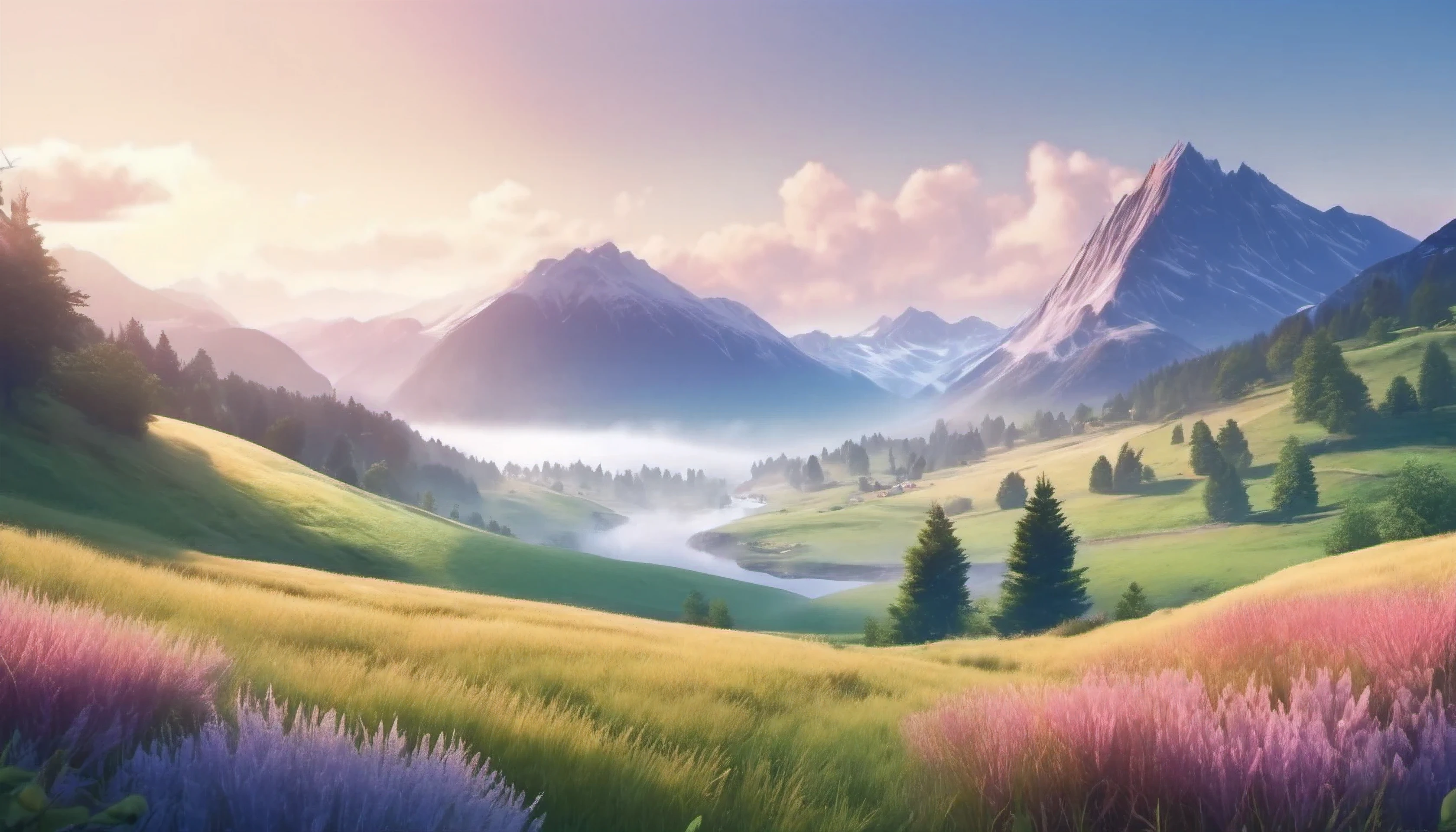 paysage scandinave avec un champ de lavande, surrounded by misty mountains. cinematic, panorama spectaculaire, very realistic, ultra high quality. high quality. very well detailed. 4k. style anime.