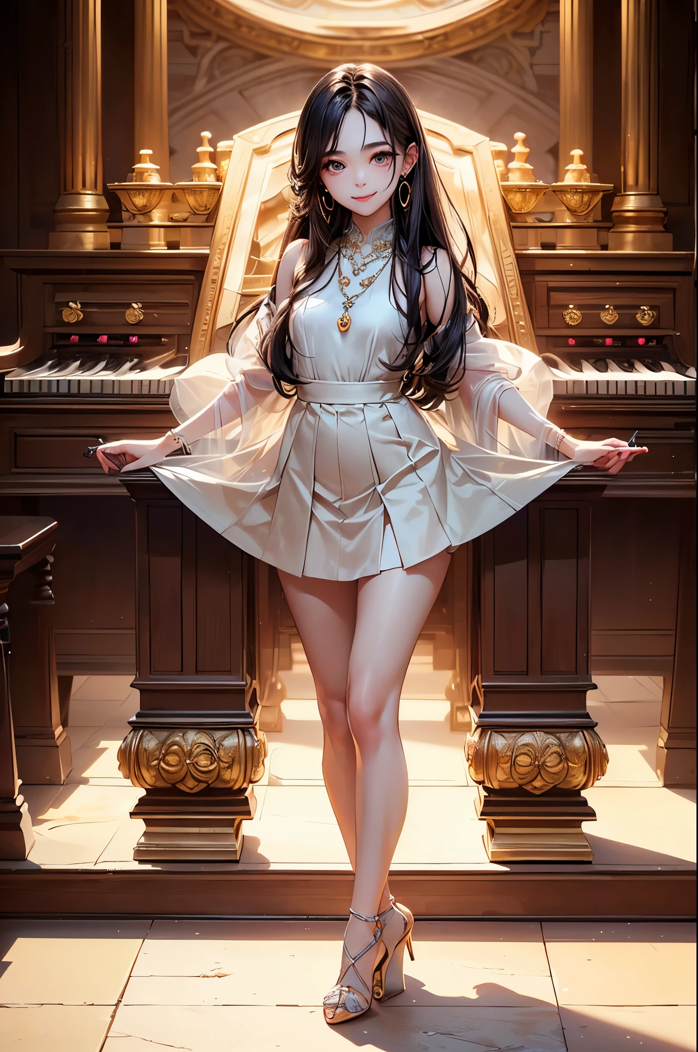 ((Biologically correct number of limbs))、4K、((Full body photo including face))、((standing position))、masterpiece、((focus on the face))、((Symmetrical facial features))、Eyes with detailed description、Beautiful woman、outstanding style、beautiful arms、beautiful legs、beautiful hands、(small ass、thin thighs)、Detailed depiction of faces、small earrings、necklace、(uniform、skirt、high heels、stockings)、The background is a pipe organ、long hair、smile、big eyes、high angle、close up of face、((A photo that is out of the frame))、shine light on the face、