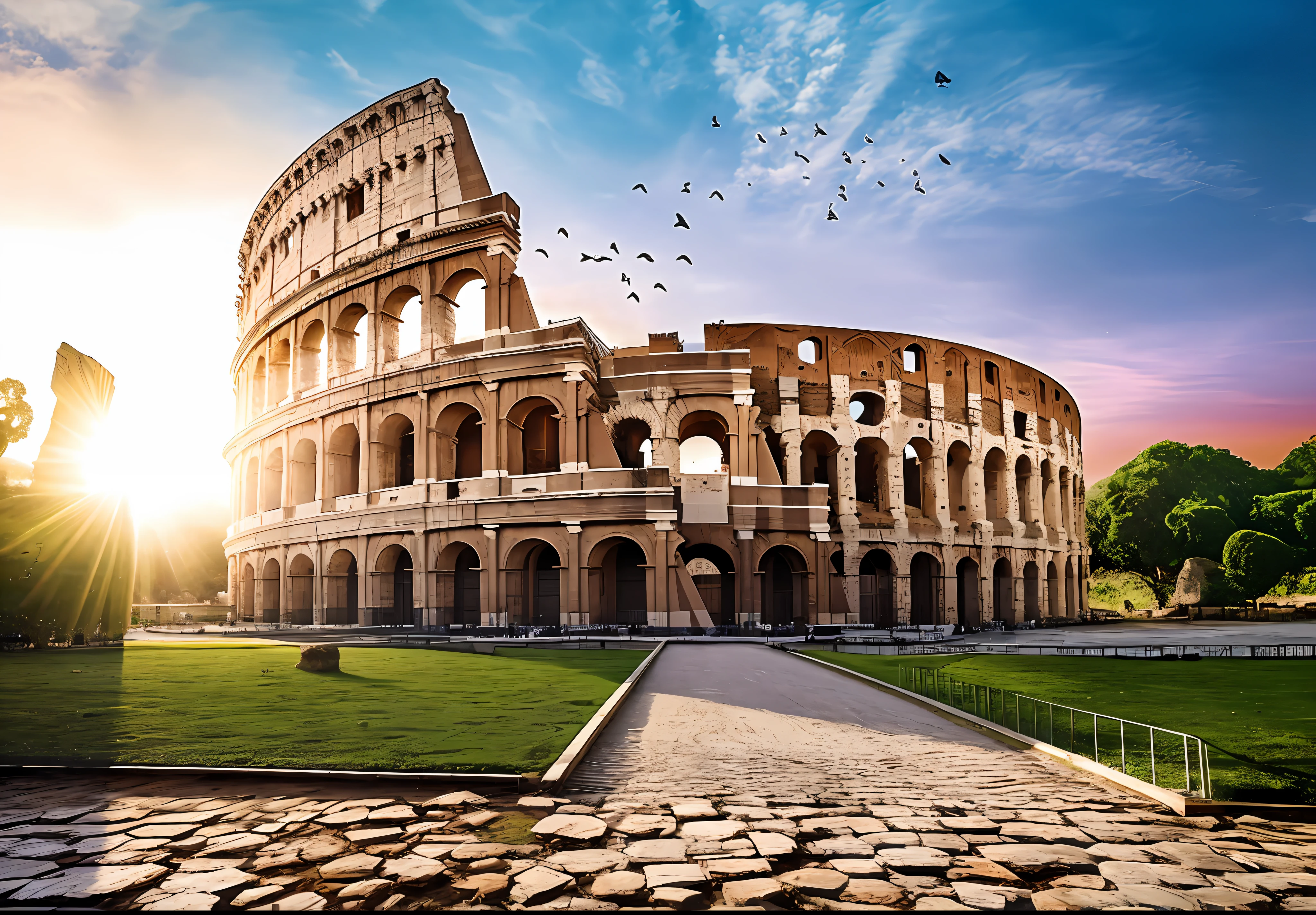un gros plan d'a building with a lot of'oiseaux qui volent autour, Romen coliseum, Coliseum, Coliseum, coliseum of Rome, all roads lead to Rome, Rome, Rome, Rome backdrop, ancient Rome, toile de fond du Coliseum, Italie, ( ( ruins of ancient Rome ) ), ville Eternelle, background of the coliseum, surrealistic Romen architecture, Romen empire, fall of Rome