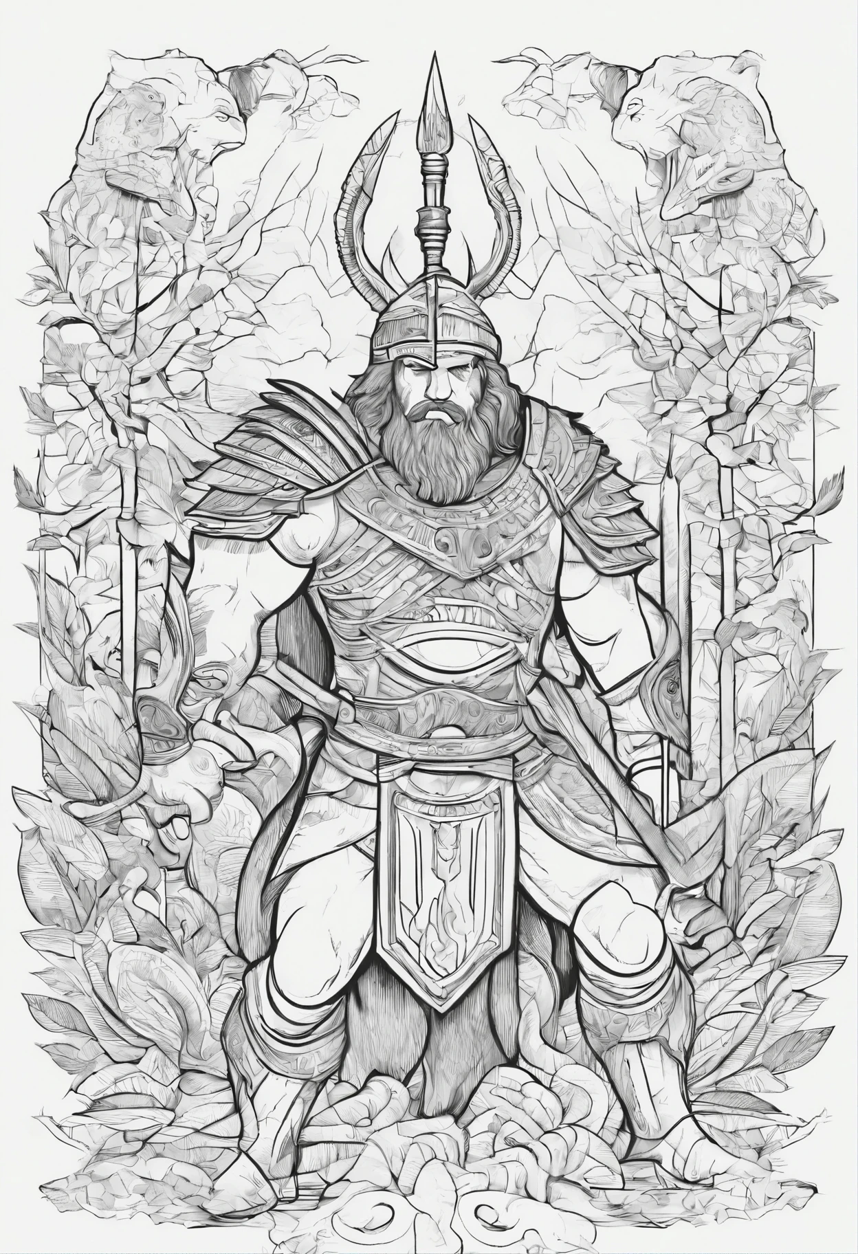 a gladiator with a radiant sword fighting, a monster with two heads and wings, snakes instead of hair, forest backgroung, fine line, outline, 3d, coloring page, white interior