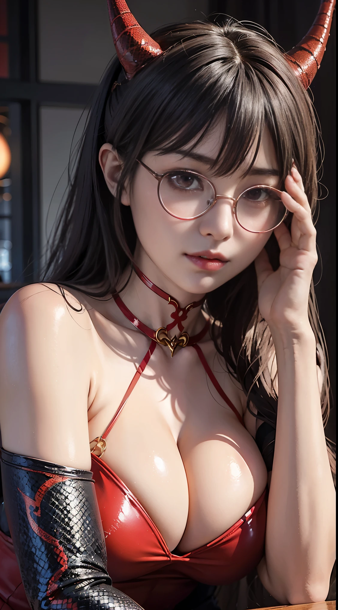 Are you okay、(best illustrations)、8k UHD resolution、intricate details、highest quality、realistic、super detailed、best lighting、best shadow、soft lighting、ultra hd、Super realistic、Tyndall effect、Photoreal、(high detail skin:1.2)、 (intricate details, compensate, Pueros face_V1:0.5), (Beautiful and delicate face in every detail, Fine, beautiful and delicate eyes, perfectly proportioned face, high definition skin, fine skin, Optimal ratio of 4 fingers and 1 thumb, arm under chest, red tattoo on lower stomach、Wow wow, wide hips, smooth abdomen, skin is thin and thin, __fashion__, __hair__:1.25)、Digital single-lens reflex camera、 absurd、1 Beautiful devil woman from hell, デヴィッド・ホックニーとアルフォンス・ミュシャによる超realistic女性のポートレート, Portrait of a seductive woman、fantasy art, Chinese humanoid、chinese actress、dungeon、dragon、devil&#39;s palace、devil&#39;s torture chamber、night、dark style 、in the dark、(detailed spooky background:0.8), magic、 1 girl、evil nun、dark necromancer、Succubus、devil&#39;s daughter、Umi Shinonome、bat wings，(((devil&#39;s horns)))、 ((((giant glasses, otaku glasses, thick glasses, round glasses)))),(((big breasts)))、(devil&#39;s tail)、(red eyes shine:1.6)、Red eyes have very clear and detailed makeup, The eyes are made up very nicely, ((red eyes:1.0)),intricate tattoo, demonic intricate tattoo, thigh tattoo, body tattoo, masterpiece、the most beautiful face、baby face、cute smile、A captivating body with plump and beautiful red lips、devil&#39;s enchanting body、devil style、enchanting black magic costume、(((A shiny red snake coils around her body)))、The long-haired、Braid、Black hair、Ponytail distortion、, Ponytail with a bow tied at the back of the hair, beautiful expression、body up、big breasts emphasis、bust,  super tight chest, Breast augmentation surgery, Breasts are very big and round,tight waist、wide ass、 low key, cowboy lens, (red phoenix dress: 1.0),  devil&#39;s crown,  bright red jewel necklace、Jewelry Gwise,  wearing black mesh socks,wearing a thin red and black robe, Pull the strap with your hand to expose your sexy breasts, Close-up of the main character, nffsw, nffsw, Meeting beautiful girls, look at the girl&#39;s body,