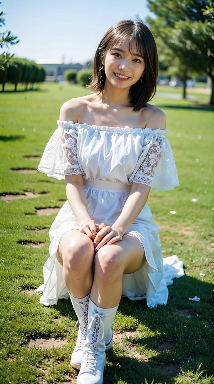 (8K、Raw photo、highest quality、masterpiece:1.2)、(realistic、Photoreal)、1 girl、((white satin dress、off shoulder、mini skirt、boots、frills、ribbon、big breasts、Seen from the front、temple))、smile、lots of eyelashes、Glitter on your eyelids、skeletally correct