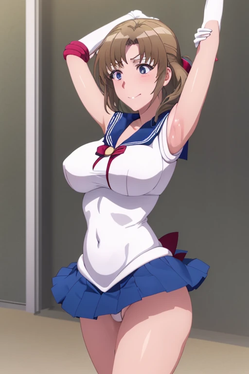 masterpiece, best quality, beautiful art, high resolution, well formed hands, body and fingers, 1 woman, solo, Mamako Oosuki, big breasted, cleavage, full body, gorgeous legs and thighs, sexy sailor senshi uniform, sailor collar, long elbow gloves, skirt lifted by the wind, white leotard peeking, she is doing exercise, warming up, stretching her body, bouncing breasts, sexy and erotic training, working out, sweating, smiling joyfully and brightly, training montage session, beach environment