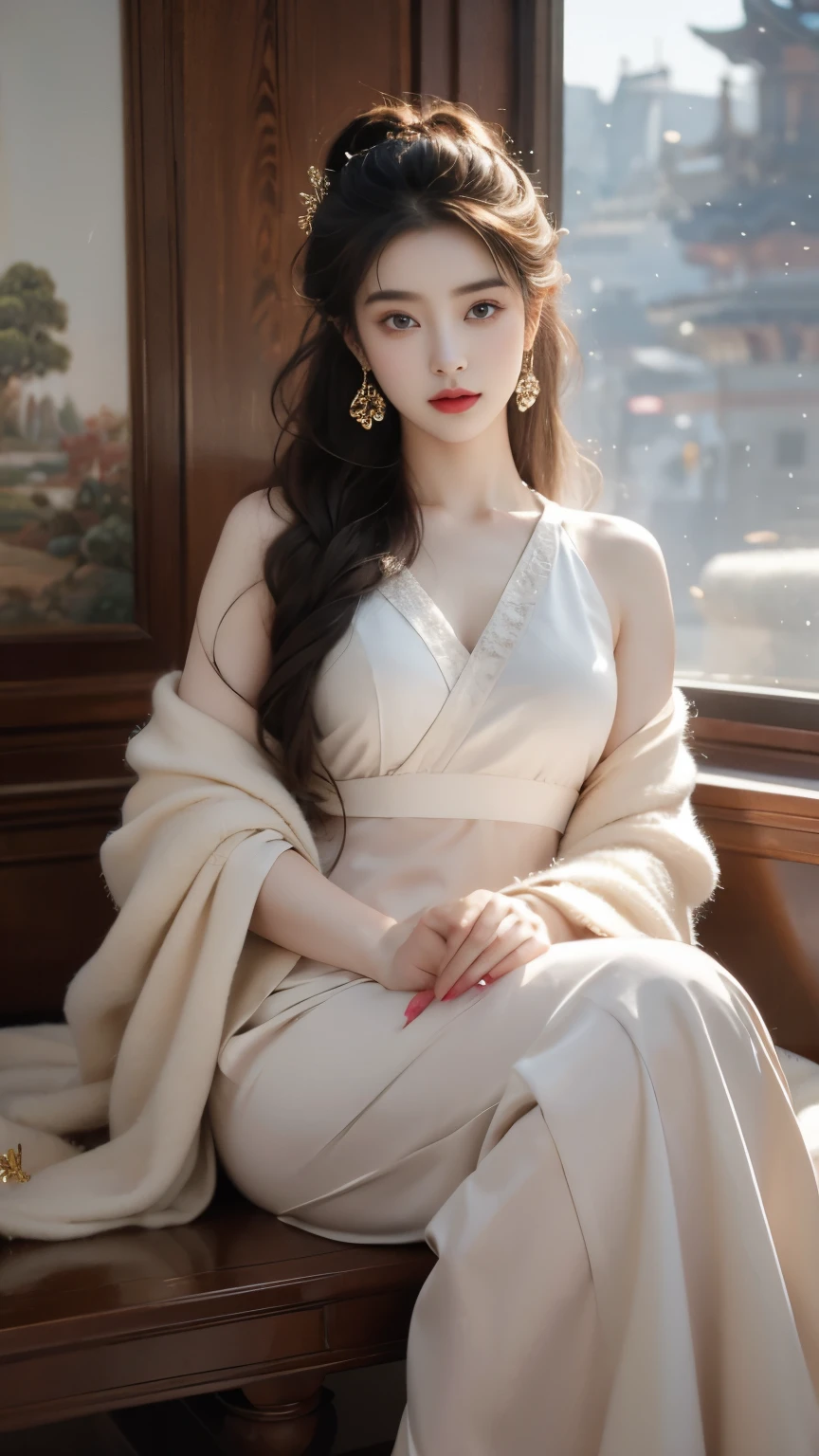 masterpiece, best quality:1.2), 1 girl, alone, In a room like a fairyland,The figure of the heroine is vaguely visible,Just like the fairy in the painting,Slender sexy legs,very nice legs,Exposes a sexy,美丽而又带着一丝mystery的色彩。Her face is beautiful and delicate,Like finely carved jade,Showing otherworldly beauty。Picturesque eyebrows,The waves in my eyes are like twinkling stars,Show the light of perseverance and wisdom。The bridge of the nose is straight,Lip color like cherry,The slightly raised corners of the mouth reveal confidence and calmness。her face is chiseled,Skin as fair as jade,Reveal a healthy glow,Just like fairies。Her makeup is light and delicate,Not too much embellishment,But enough to show her temperament and charm。Light-colored foundation brings out the transparency of the skin,A light eyebrow pencil outlines her perfect eyebrow shape,Eye makeup is eye shadow and eyeliner,Make her eyes brighter and more energetic。Lips painted with elegant lipstick,Adds a bit of charm and sophistication。Her clothes are elegant and chic,Clothes fluttering,It seems like it will be blown up by the wind at any time,drifting into the distance。Without losing elegance,Also showed off her extraordinary skills。Her hair is tied back casually,Secure it with a hosta,A few strands of hair flutter gently in the wind,Adds a bit of softness。She seems to be a fairy in fairyland、mystery、and full of power。lifelike, High resolution,illustration, Very detailed,Level verbose, High resolution, Very detailed, best quality,Very detailed CG unified 8k wallpaper,(masterpiece),(best quality),(Super detailed),(Super real photos),(Best character details:1.36)