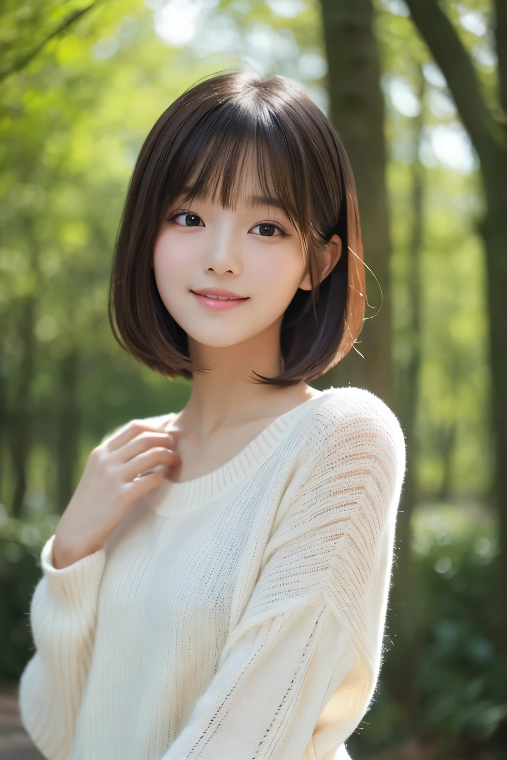 1 girl、Upper body、close up、laughter、、(8K、original photo、best quality、masterpiece:1.2)、(actual、photo actual:1.37)、Exquisite and delicate face、japanese student、Wearing a long white sweater、(((Best image quality))),small、delicate skin, (beautiful hair), (Perfect Anatomy), (actual), (Dynamic angle), Seductive pose,Perfect,Sensual appearance、best quality、High resolution、fluffy shorthair cat、The background is a forest、
