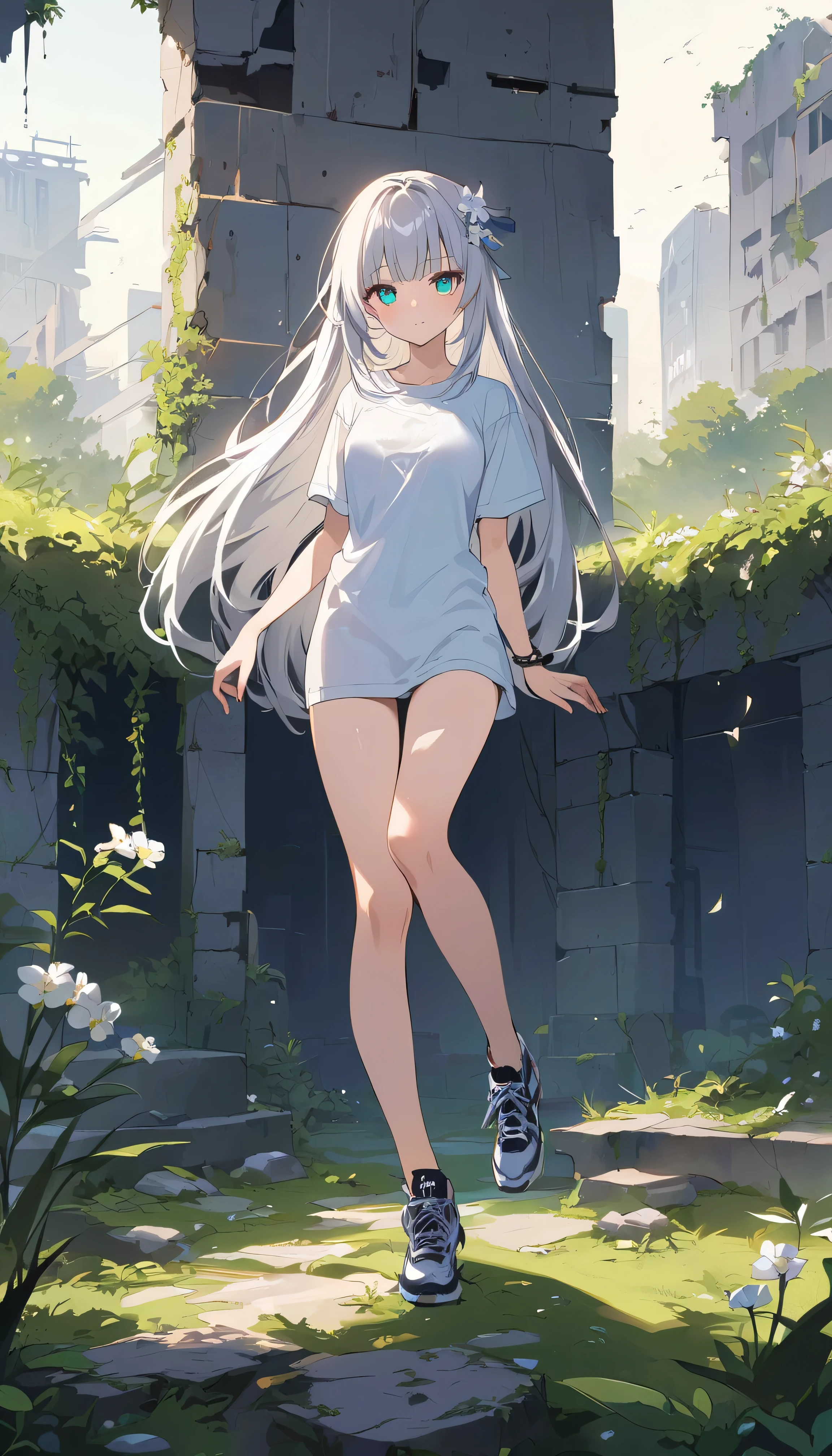 Perfect color, masterpiece, best quality, full HD, depth of field, ruins, overgrown ruins, dark,  1girl, (young girl), slim body, perfect legs, medium breast, long hair, bangs, white hair, white flower hair ornament, detailed beautiful eyes, glowing eyes, bright aqua eyes, white T-shirt oversized 