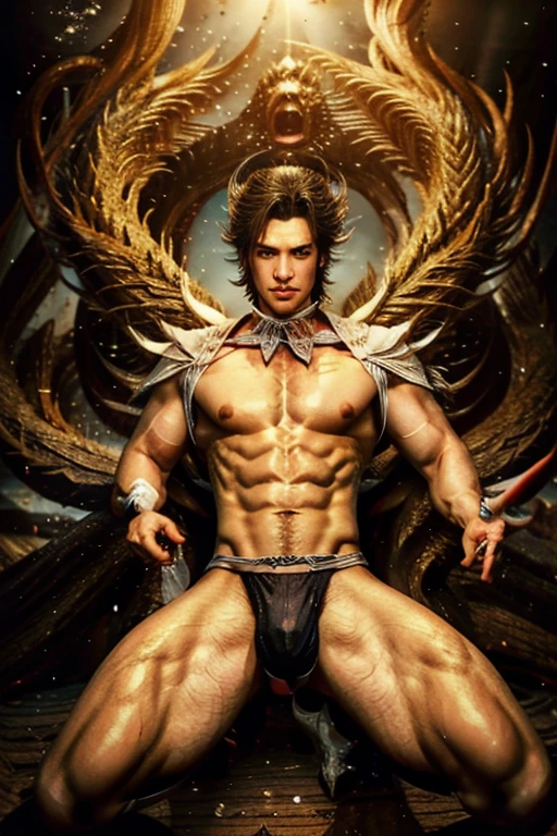 Chinese God, legend, China's Odyssey, handsome, blink, topless, muscle, Athlete's body, full frame, sexy, professional lighting, Hanfu costume, ancient chinese dress,to break out,Split your legs,chinese heaven background, Bulge under panties, Hanfu warrior, King Hanfu, Hanfu man, Hanfu Nobel, seduce, Sexual appeal,Separate your legs slightly.,Open the bottom,Long, large convex crotch,Not wearing underwear,big penis,big cock,long cock,No underwear,Topless,in the palace.