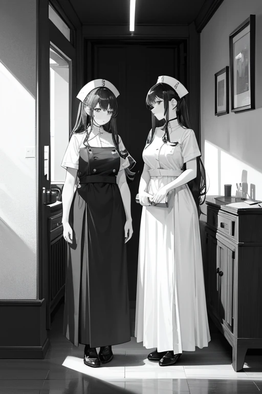 monochrome,masterpiece, illustration, best quality, best aathetic,two nurses whispering to each other,
standing,full body,long shot,