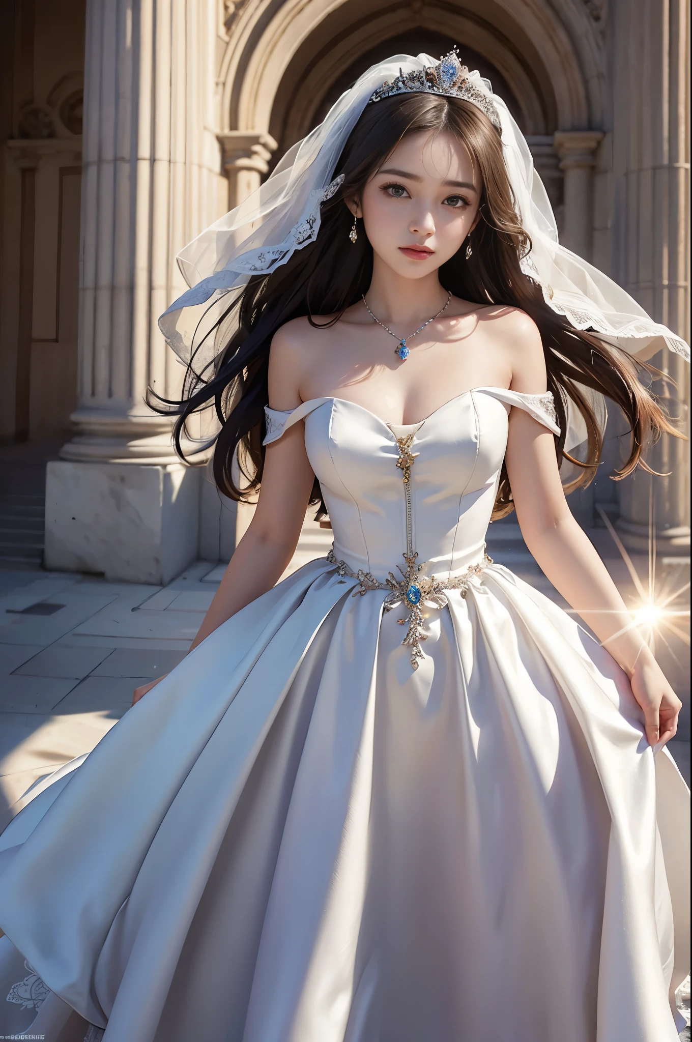 best quality, masterpiece, 1 girl, yak, cute , shiny lips, sweet, sun glare, Conservative attire, wedding dress, bridal tiara, depth of field, blurred background, Cathedral Background, light particles, strong wind, head tilt, long hair, 