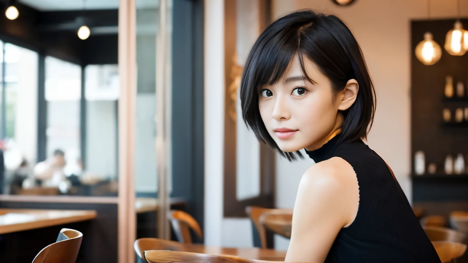 japanese woman, Beauty salon model 30 years old, slender body shape, small breasts, very thin waist, beautiful face, beautiful eyes, black short hair, She wears tight, Short gray knit dress with open back design., Sitting in a fashionable café, look back at you kindly, 1 girl, alone, detailed face and eyes, small fingers and arms. full body photo. realistic, realistic., choker