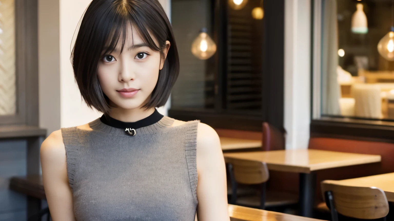japanese woman, Beauty salon model 30 years old, slender body shape, small breasts, very thin waist, beautiful face, beautiful eyes, black short hair, She wears tight, Short gray knit dress with open back design., Sitting in a fashionable café, look back at you kindly, 1 girl, alone, detailed face and eyes, small fingers and arms. full body photo. realistic, realistic., choker