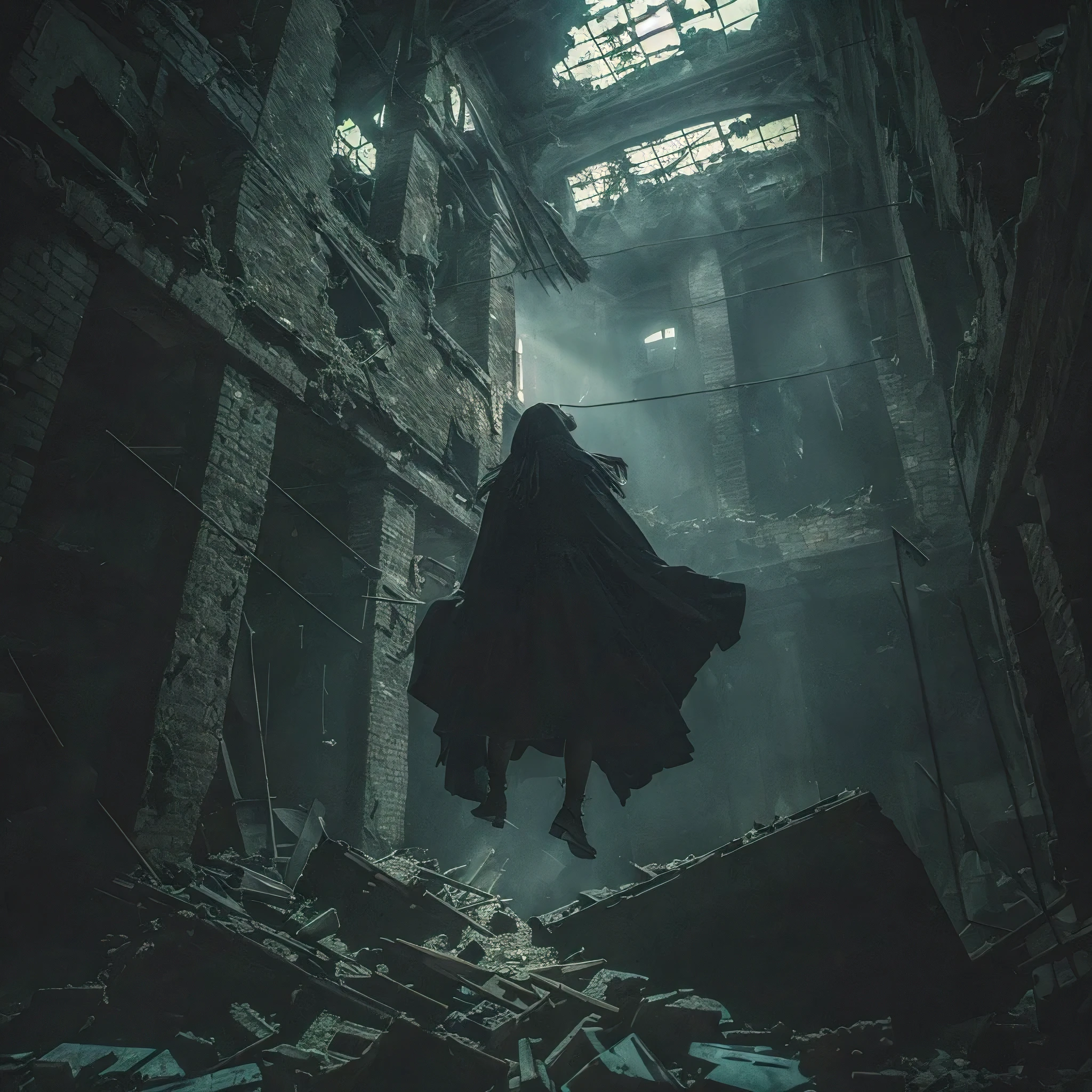 (best quality, masterpiece:1.2), looking up at a witch floating above you through the crumbled ceiling in a dark dilapidated multi story warehouse. Wide angle, zoomed out, dark, creepy, ultra realistic, 8k, evil