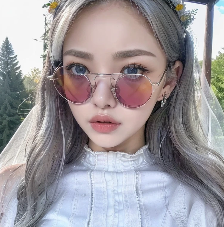 1 miniature Beautiful beautiful woman - Yuan Sayuki, ((top quality, 8K, Masterpiece:1.retty woman, 1 woman, huge breasts:1.3, a slim body:1.1, lush white long hair, (shower, wet body, wet clothes:1.1), very detailed face, detailed lips, detailed eyes, double eyelids, Detailed blue eyes, чрезвычайно Detailed Outstanding Blue Eyes, white wet hair, white wet hair, Detailed Outstanding Blue Eyes, innocent look at the viewer, very wet wavy white hair, Detailed Outstanding Blue Eyes, huge cross earrings, Outdoors, badges behind, gothic wedding uniform, sexy gothic style wedding dress with veil, bare chest, huge chest tattoo wearing a wreath, detailed huge earrings, chest tattoo, Outside - there are trees and a buddhist temple in the background, wear a silver cross (Detailed cross shape), reality mode, wet breasts, black necklace, black wedding dress and black veil, human crowd behind, head/forehead chain veil, black latex gloves, naked breasts, naked breasrs, naked nipples, hair of white snowy colour, accurately detailed RED TAINTED GLASSES