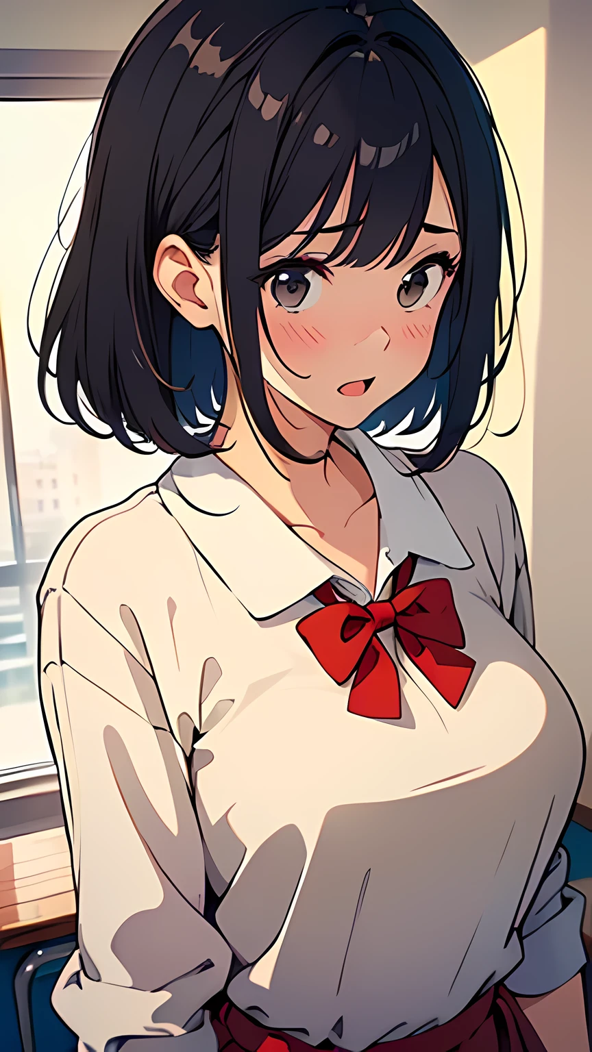 (masterpiece:1.6),(best quality:1.6), (ultra high res1.2),perfect proportion,(dark hair:1), ( black hair:1), (black eyes:1.1),(beautiful Busty breasts:1.2), (beautiful girl:1.4),a girl,(medium bob hair:1.2),a sexy mole around the mouth,open mouth,(aroused:1.3), (embarrassed:1.3), blush,(beige V Neck Sweater:1.1),(school uniform1),a red Checked bow tie, (upper body shot:1.1)