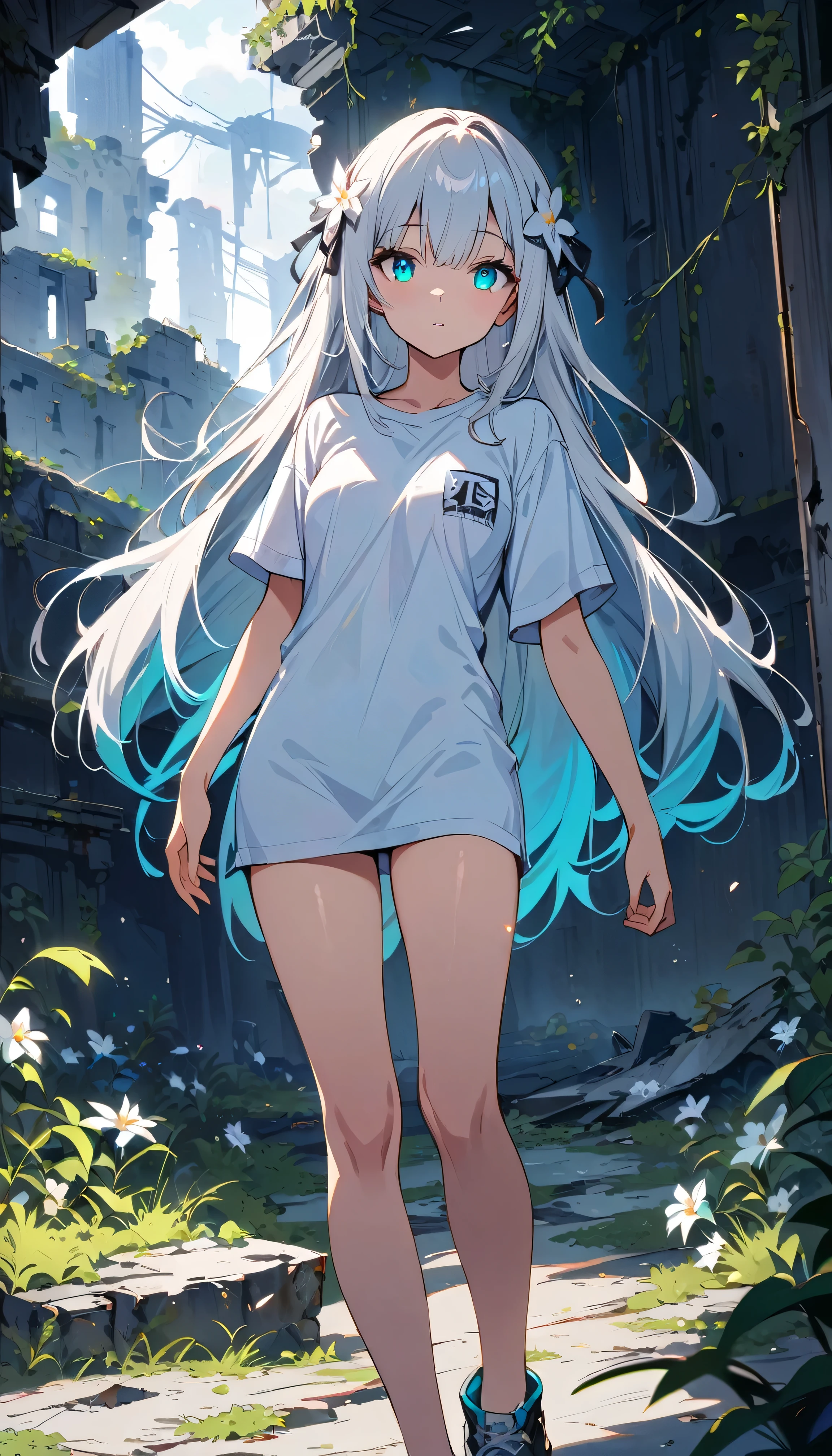 Perfect color, masterpiece, best quality, full HD, depth of field, ruins, overgrown ruins, dark,  1girl, (young girl), slim body, perfect legs, medium breast, long hair, bangs, white hair, white flower hair ornament, detailed beautiful eyes, glowing eyes, bright aqua eyes, white T-shirt oversized 