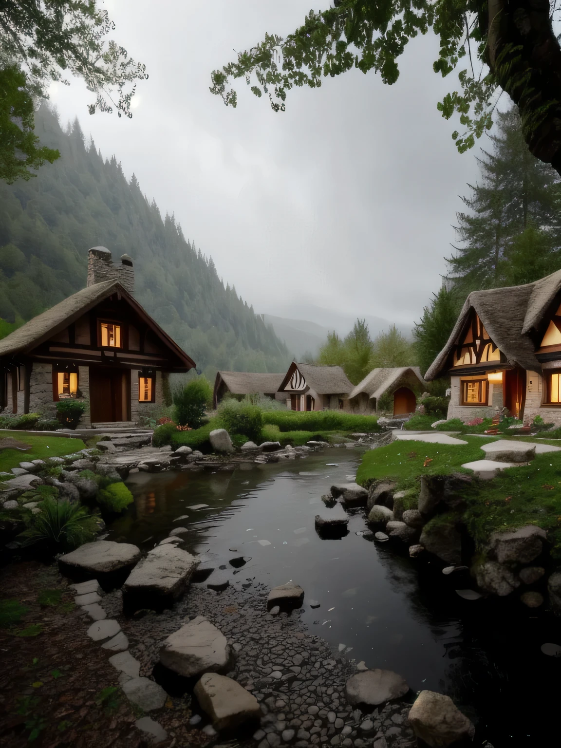 there is a small road that is next to a house, fairy tale place, cottagecore, village in the woods, quaint village, beautiful house on a forest path, the shire, cottagecore!!, fantasy setting, scene where she is in rivendell, cottage town, magical scene, inside a medieval hobbit home, epic rivendell fantasy