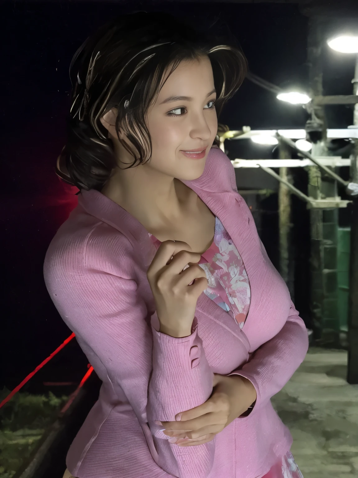 highest quality。8K-Picture。young gravure idol。Beautiful Women in perfect style。she'She's thin but her breasts are big。The charm of the gap。slim abs。dark brown hair。(big breasts:1.4)。cute eyes。double eyelid。length, wavy hair。Very delicately drawn face。perfect style。Shot in a red swimsuit。(The fate of gravure idols、big breasts:1.4)。subtle smile or shy。