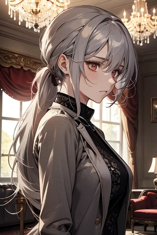 (Confused, High resolution, Very detailed), Silver Hair, Long ponytail hair, Reddish brown eyes, Black long dress, Formal Wear, 20th Generation, mature, Beautiful woman, quiet, Calm, venue, Black Long Sleeve Dress,