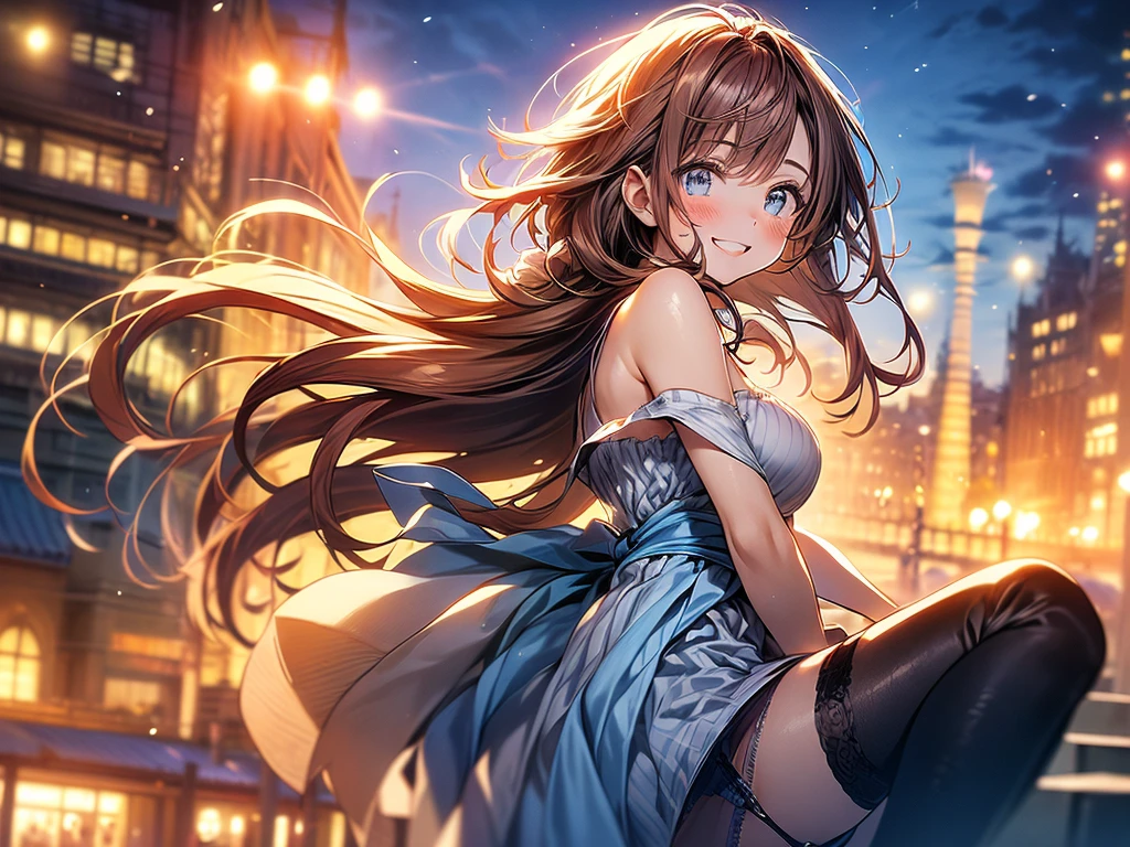 ((masterpiece, highest quality, High resolution, 超High resolution, pixel perfect, Depth of the bounds written, 4k, RTX, human development report))), 1 girl, single, alone, beauty、see the whole body、 ((long hair, short riuhai, reddish brown hair)), ((blue eyes, beautiful eyelashes, realistic eyes)), ((detailed face, blush:1.2)), ((smooth texture:0.75, lively质感:0.65, lively:1.1, Anime CG style)), medium breasts, perfect body, (( 日式寬鬆浴衣 bare shoulders ,black tights)), smile, attractive way to sit, brew tea in a teapot, (The wind blows hair，bare shoulders、expose her breasts、black tights) , It snows heavily at night、(((show panty:1.3)))、M spread legs:1.8