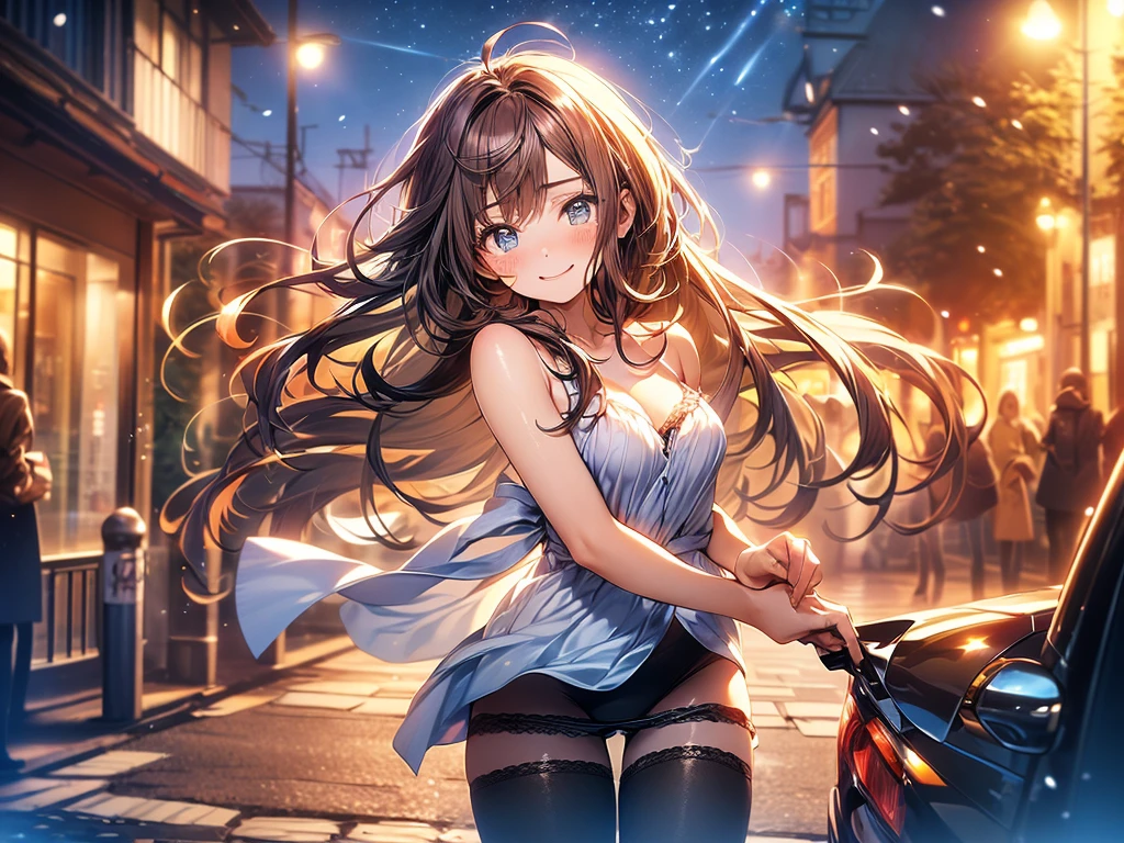 ((masterpiece, highest quality, High resolution, 超High resolution, pixel perfect, Depth of the bounds written, 4k, RTX, human development report))), 1 girl, single, alone, beauty、see the whole body、 ((long hair, short riuhai, reddish brown hair)), ((blue eyes, beautiful eyelashes, realistic eyes)), ((detailed face, blush:1.2)), ((smooth texture:0.75, lively质感:0.65, lively:1.1, Anime CG style)), medium breasts, perfect body, (( 日式寬鬆浴衣 bare shoulders ,black tights)), smile, attractive way to sit, brew tea in a teapot, (The wind blows hair,bare shoulders、expose her breasts、black tights) , It snows heavily at night、(((show panty:1.3)))、M spread legs:1.8