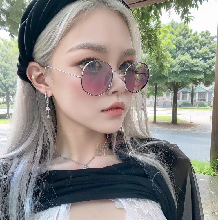 1 miniature Beautiful beautiful woman - Yuan Sayuki, ((top quality, 8K, Masterpiece:1.retty woman, 1 woman, huge breasts:1.3, a slim body:1.1, lush white long hair, (shower, wet body, wet clothes:1.1), very detailed face, detailed lips, detailed eyes, double eyelids, Detailed blue eyes, чрезвычайно Detailed Outstanding Blue Eyes, white wet hair, white wet hair, Detailed Outstanding Blue Eyes, innocent look at the viewer, very wet wavy white hair, Detailed Outstanding Blue Eyes, huge cross earrings, Outdoors, badges behind, gothic wedding uniform, sexy gothic style wedding dress with veil, bare chest, huge chest tattoo wearing a wreath, detailed huge earrings, chest tattoo, Outside - there are trees and a buddhist temple in the background, wear a silver cross (Detailed cross shape), reality mode, wet breasts, black necklace, black wedding dress and black veil, human crowd behind, head/forehead chain veil, black latex gloves, naked breasts, naked breasrs, naked nipples, hair of white snowy colour, accurately detailed RED TAINTED GLASSES