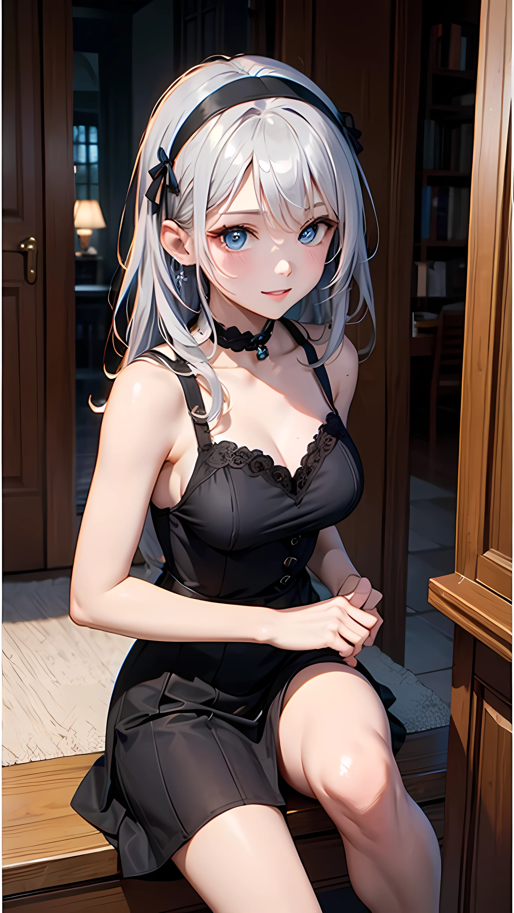 (masterpiece, highest quality, highest quality,official art),(mature woman:1.3),(attractive woman made),((masterpiece, highest quality))、8K、one woman、（(30 years old)）、((silver hair))、long hair、messy hair、attractive woman、blue eyes、Big eyes、sparkling eyes、Beautifully drawn eyes、smile、small bust、Black Gothic Maid、((white headband))、(look back)、(Knee to head:1.3)、Entrance of a luxurious house、aerial perspective、pure、transparent、Light、Light、Light、