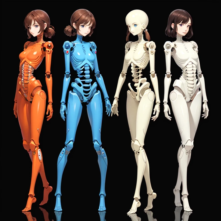 3 robot women, 
 Everyone except their faces are machines.,
 Everyone is not wearing clothes,
 Everyone is showing each other their bodies.,
 brown hair,
 wavy hair,
 hazel eyes,
 very detailed,
 smile,
 Everyone is a machine except for their faces.,
 All have mechanical limbs,
 No clothes for everyone,
 All exposed internal skeletons,
 Everyone has a different colored internal skeleton.,
 All internal skeletons exposed,
 full body shot, 
 clone, Millions of Robot Girls, Crowded, Marching background robot girl