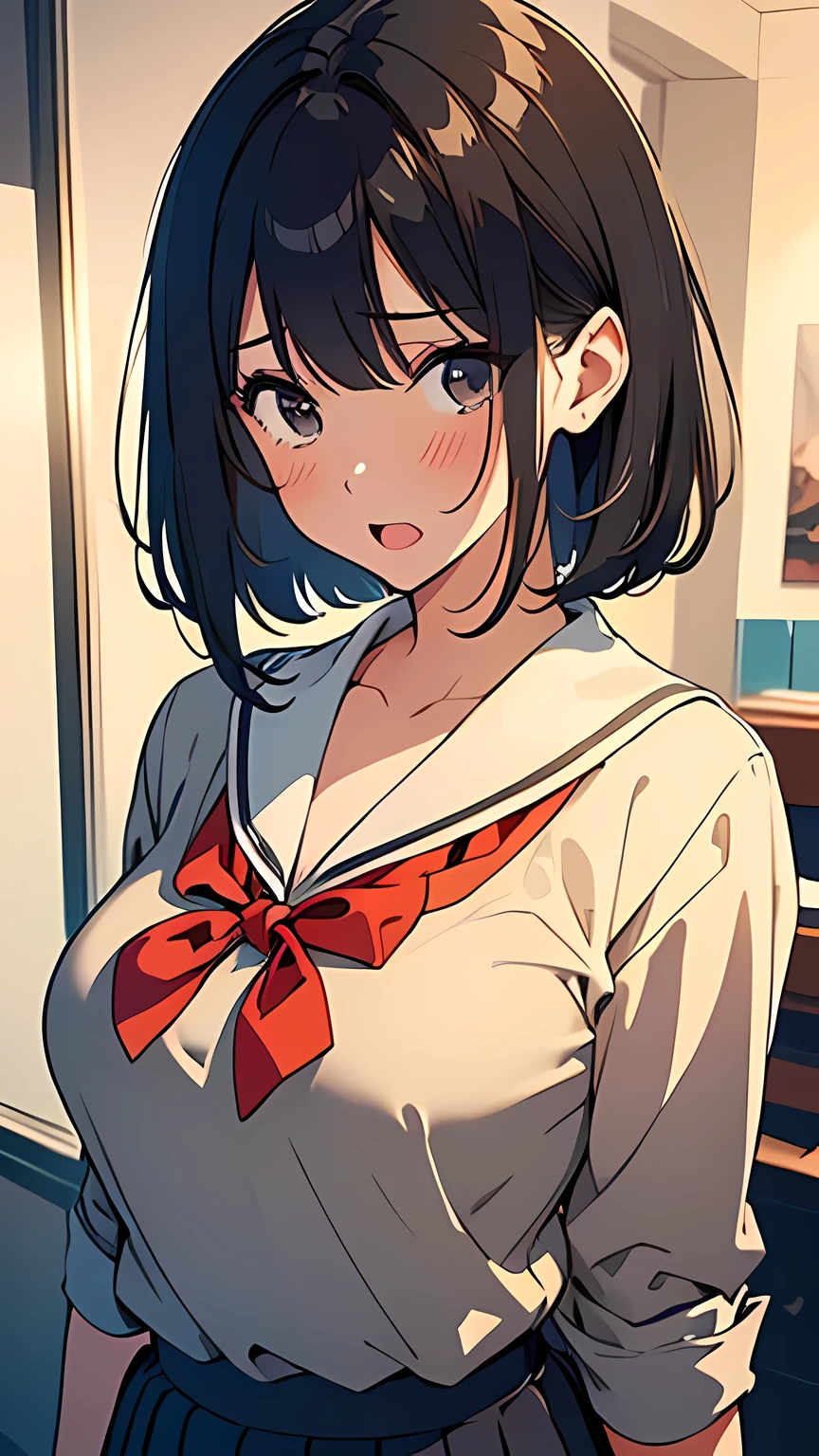 (masterpiece:1.6),(best quality:1.6), (ultra high res1.2),perfect proportion,(dark hair:1), ( black hair:1), (black eyes:1.1),(beautiful Busty breasts:1.2), (beautiful girl:1.4),a girl,(medium bob hair:1.2),a sexy mole around the mouth,open mouth,(aroused:1.3), (embarrassed:1.3), blush,(beige V Neck Sweater:1.1),(school uniform1),a red Checked bow tie, (upper body shot:1.1)