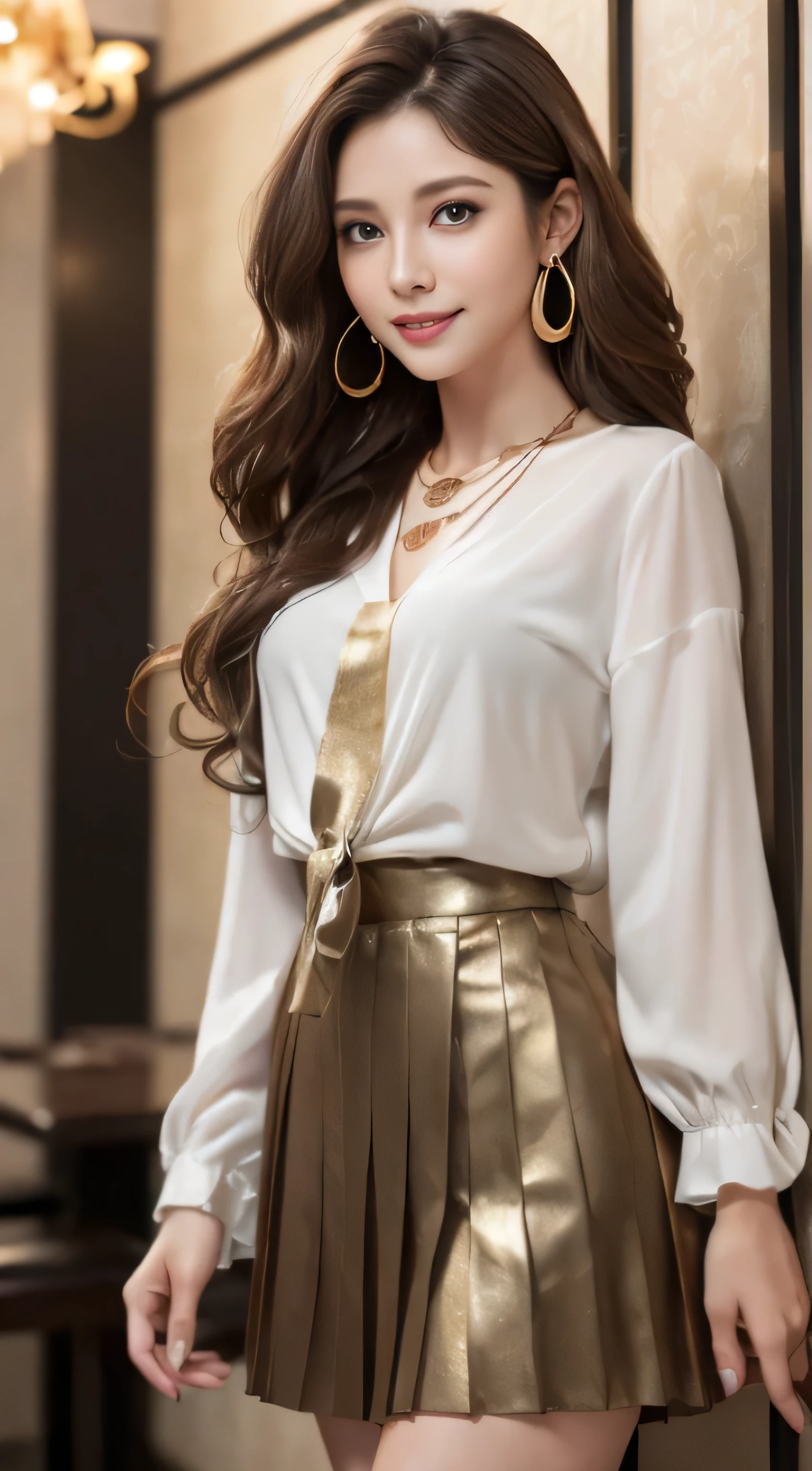 masterpiece, highest quality, realistic, Super detailed, small details, High resolution, 8k wallpaper, 1 beautiful woman, wear casual business wear, in a great restaurant, At night, light brown messy hair, perfect dynamic composition, beautiful and detailed eyes,((Hair with loose waves inside:1.2)),((gold necklace＿Large earrings:1.2)),((Super long brown hair:1.2))、fullbody shot、((full figure supermodel standing, entire body in frame))、((look down at the viewer,from below:1.5))(White Y-shirt、dark grey pleated skirt、ribbon tie:1.3)),((shy smile:1.3)),