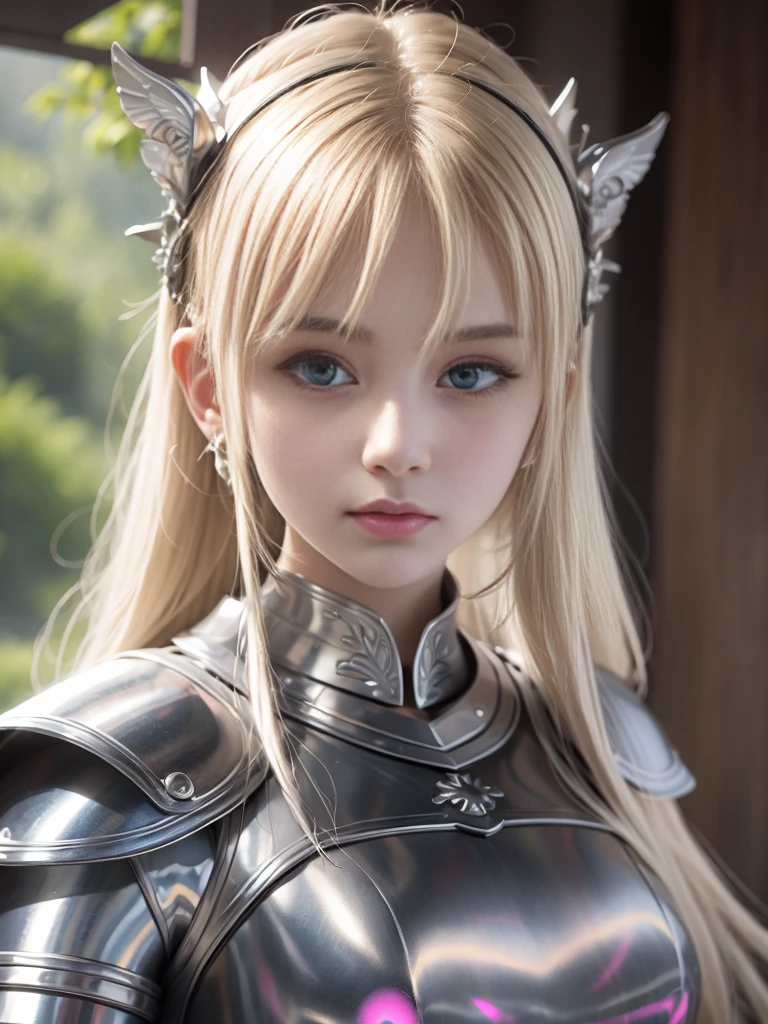 bright expression、poneyTail、Young shiny shiny white shiny skin、Best Looks、Blonde reflected light、Platinum blonde hair with dazzling highlights、shiny light hair,、Super long silky straight hair、Beautiful bangs that shine、Glowing crystal clear attractive big blue eyes、Very beautiful nice cute 16 year old girl、Lush bust,Beautiful detailed eyes, beautiful detailed nose,(( Full body:1.25)),Makeup that the eyes emphasize、((Pleated skirt with many folds:1.3)),(Women like Joan of Arc:1.3)、(s Armor:1.3)、Knights, (Equipped with a sword and shield:1.2),Royal style,Comic style, , Sub-surface scattering, ornate detail, nature backdrop, Hyper-realistic, Cinematic, Dramatic Lighting, masutepiece、(Decorated armor)、(Wearing an aura:1.5)、circlet
