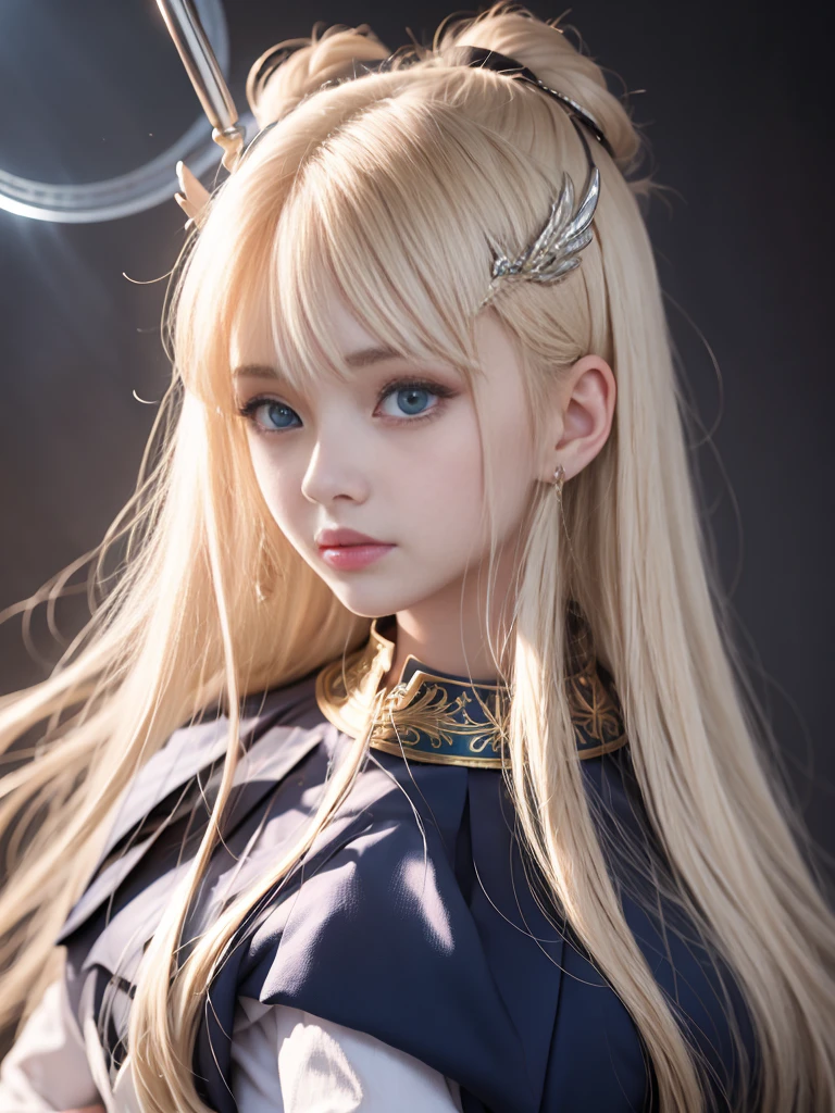 bright expression、poneyTail、Young shiny shiny white shiny skin、Best Looks、Blonde reflected light、Platinum blonde hair with dazzling highlights、shiny light hair,、Super long silky straight hair、Beautiful bangs that shine、Glowing crystal clear attractive big blue eyes、Very beautiful nice cute 16 year old girl、Lush bust,Beautiful detailed eyes, beautiful detailed nose,(( Full body:1.25)),Makeup that the eyes emphasize、((Pleated skirt with many folds:1.3)),(Women like Joan of Arc:1.3)、(s Armor:1.3)、Knights, (Equipped with a sword and shield:1.2),Royal style,Comic style, , Sub-surface scattering, ornate detail, nature backdrop, Hyper-realistic, Cinematic, Dramatic Lighting, masutepiece、(Decorated armor)、(Wearing an aura:1.5)、circlet