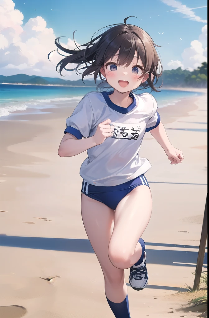 (((((whole body)))))、Youmu, This is a very cute gym uniform 、smile,、cowboy shot、Running on the beach、