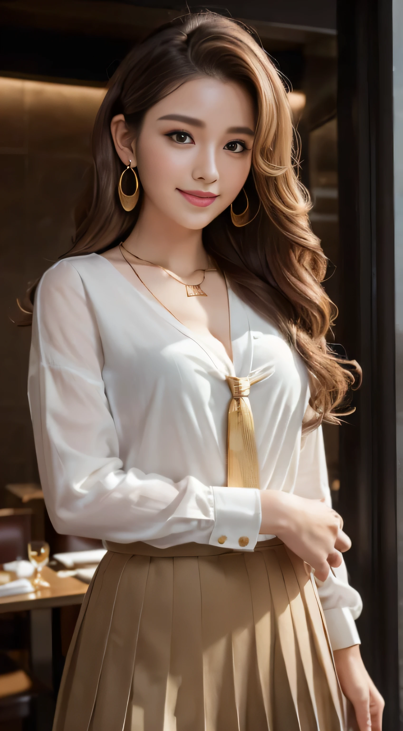 masterpiece, highest quality, realistic, Super detailed, small details, High resolution, 8k wallpaper, 1 beautiful woman, wear casual business wear, in a great restaurant, At night, light brown messy hair, perfect dynamic composition, beautiful and detailed eyes,((Hair with loose waves inside:1.2)),((gold necklace_Large earrings:1.2)),((Super long brown hair:1.2))、fullbody shot、((full figure supermodel standing, entire body in frame))、((look down at the viewer,from below:1.5))(White Y-shirt、dark grey pleated skirt、ribbon tie:1.3)),((shy smile:1.3)),