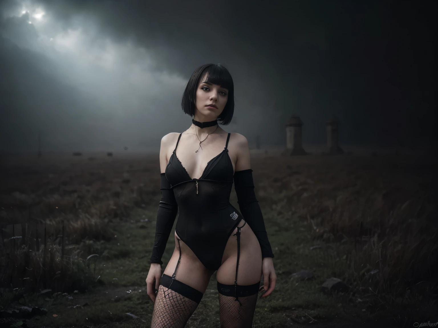 (Best Quality,hight resolution,Masterpiece, full body view:1.2),Ultra-detailed,woman dressed in black thong leotard,sickly,standing in a creepy abandoned castle, fishnet stockings, intern of a gothic castle, half body shot, intricate high waisted black thong leotard with sligthly visible camel toe, centered subject,gloomy ecstasy,fetish,dark gloomy atmosphere, creepy atmosphere, gritty texture,Retro-atmosphere,warped reality,melancholic expression on her face,mysterious aura,foggy atmosphere,foggy background,Subtle color palette,provocative pose,Strong emotions,Coming Out of the Depths of Despair,Piercing gaze,intense shadows,Plunged in Darkness,dark industrial aesthetic,ominous vibe,A supernatural sensation,Loss of Place in Time and Space,Eerie silence.asymmetrical bangs, freckles, black short hair, Bangs, freckles, gray eyes,