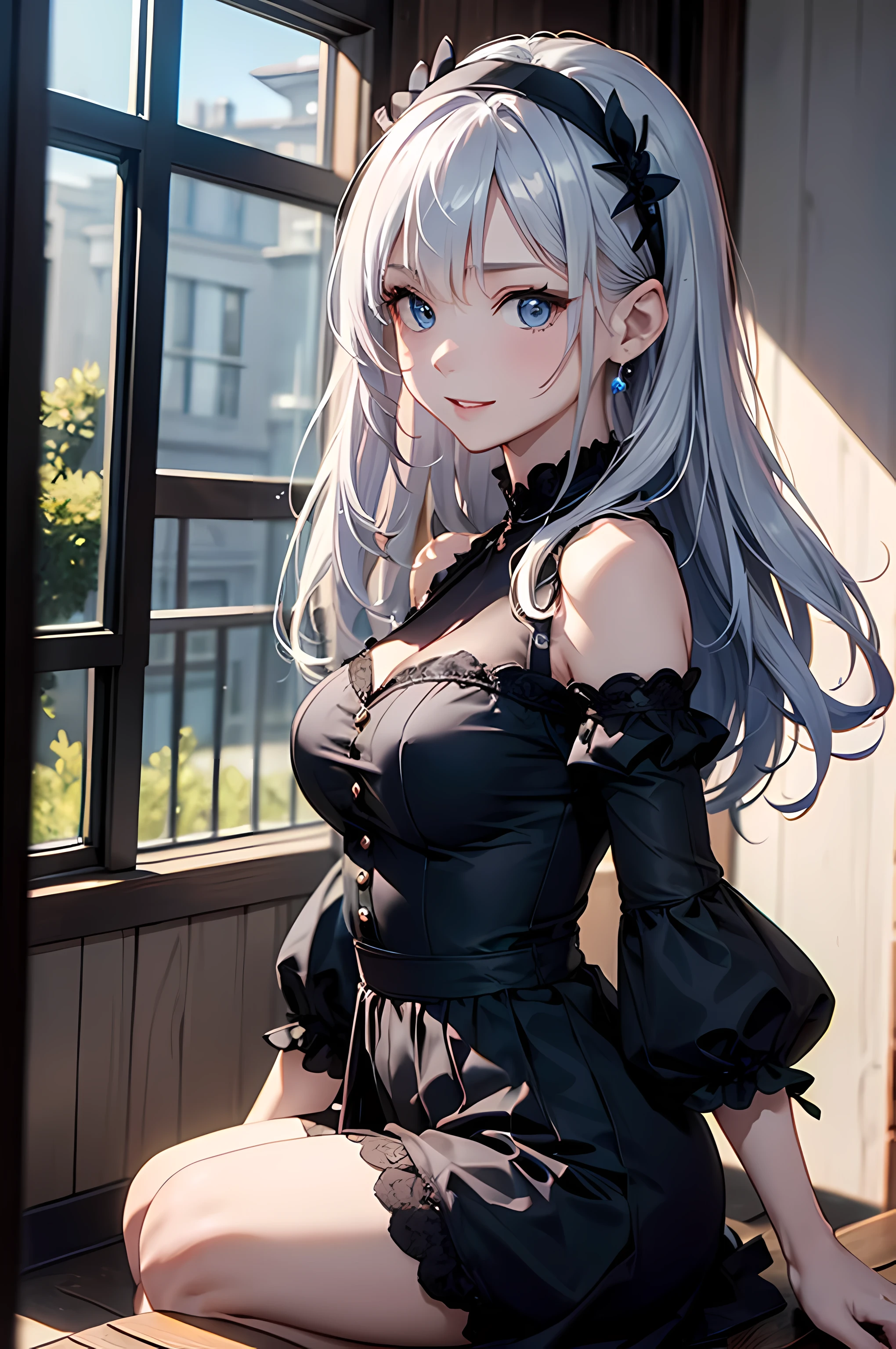 (best masterpiece, highest quality, highest quality,official art),(mature woman:1.3),(attractive woman made),((masterpiece, highest quality))、8K、one woman、((30 years old))、((silver hair))、long hair、messy hair、attractive woman、blue eyes、Big eyes、sparkling eyes、Beautifully drawn eyes、smile、small bust、Black Gothic Maid、((white headband))、(look back)、(Knee to head:1.3)、Entrance of a luxurious house、aerial perspective、pure、transparent、Light、Light、Light、