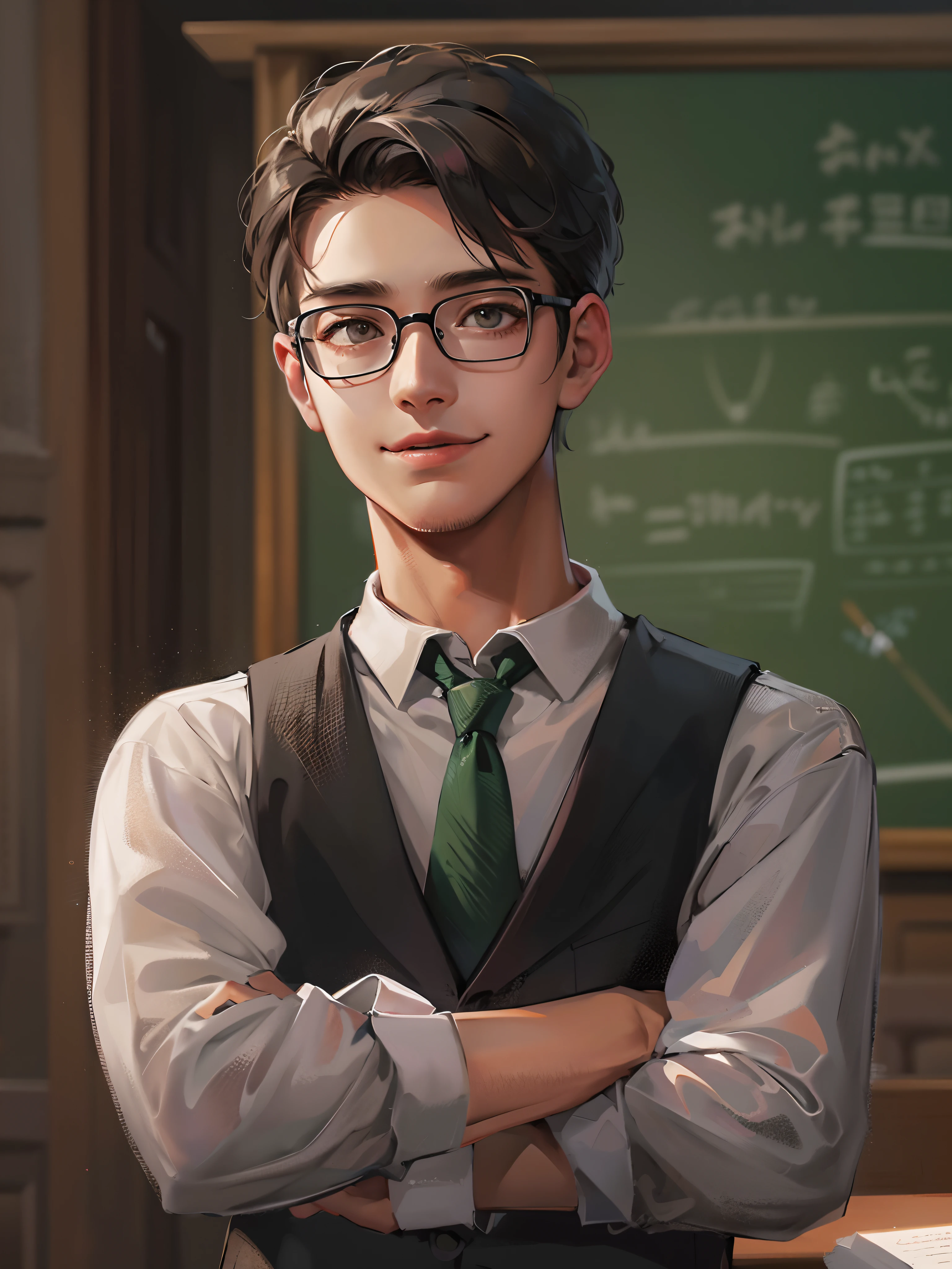 young male teacher, Neatly dressed, Professional clothing, well organized impression, young and energetic, smooth skin, Bright Eyes, Gentle and confident expression, Straight waist, Tall and confident, A breath of tenacity and determination, Determined gaze, Smile, Passion and dedication，Chalk in your hand，blackboard，A group of students sitting under the classroom podium，masterpiece，best quality，4K，8K，high quality，high resolution