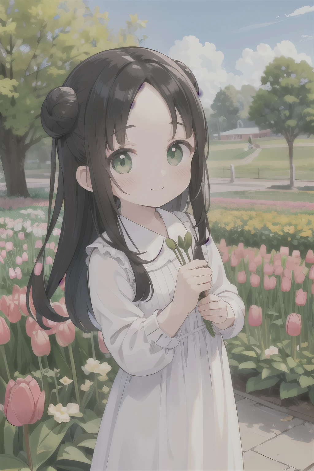 tulips are blooming、cowboy shot, smile、shoot from front, garden、Asahi、((two bun hair)) long hair in two buns、forehead is exposed.、black hair、green eyes、