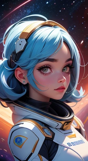 Uma mulher Melhor qualidade, detalhado, 4K, Foto CRU, obra de arte, detalhado face,, estrelas, planetas, Galaxy, space,, a photo of de calcinha flying e sutiã in space, cabelo azul, franja, cabelo longo, olhando para o espectador,