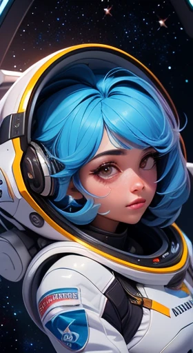 Uma mulher Melhor qualidade, detalhado, 4K, Foto CRU, obra de arte, detalhado face,, estrelas, planetas, Galaxy, space,, a photo of de calcinha flying e sutiã in space, cabelo azul, franja, cabelo longo, olhando para o espectador,