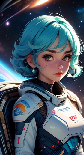 Uma mulher Melhor qualidade, detalhado, 4K, Foto CRU, obra de arte, detalhado face,, estrelas, planetas, Galaxy, space,, a photo of de calcinha flying e sutiã in space, cabelo azul, franja, cabelo longo, olhando para o espectador,